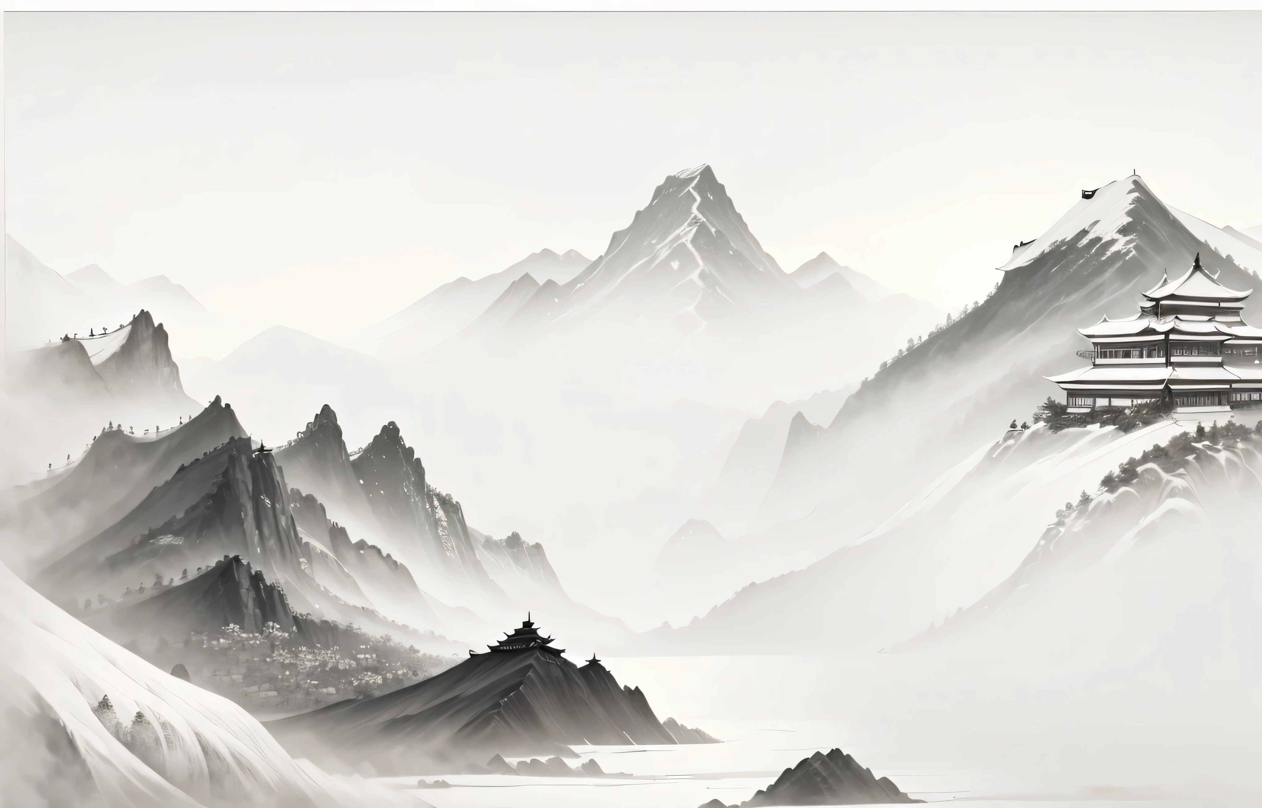 a black and white photo of a painting of a mountain range, chinese style painting, detailed scenery —width 672, chinese painting style, museum ink painting, chinese landscape, ink painting ) ) ) ), scenery artwork, traditional chinese ink painting, ancient china art style, beautiful render of tang dynasty, traditional chinese painting, oriental wallpaper, chinese watercolor style