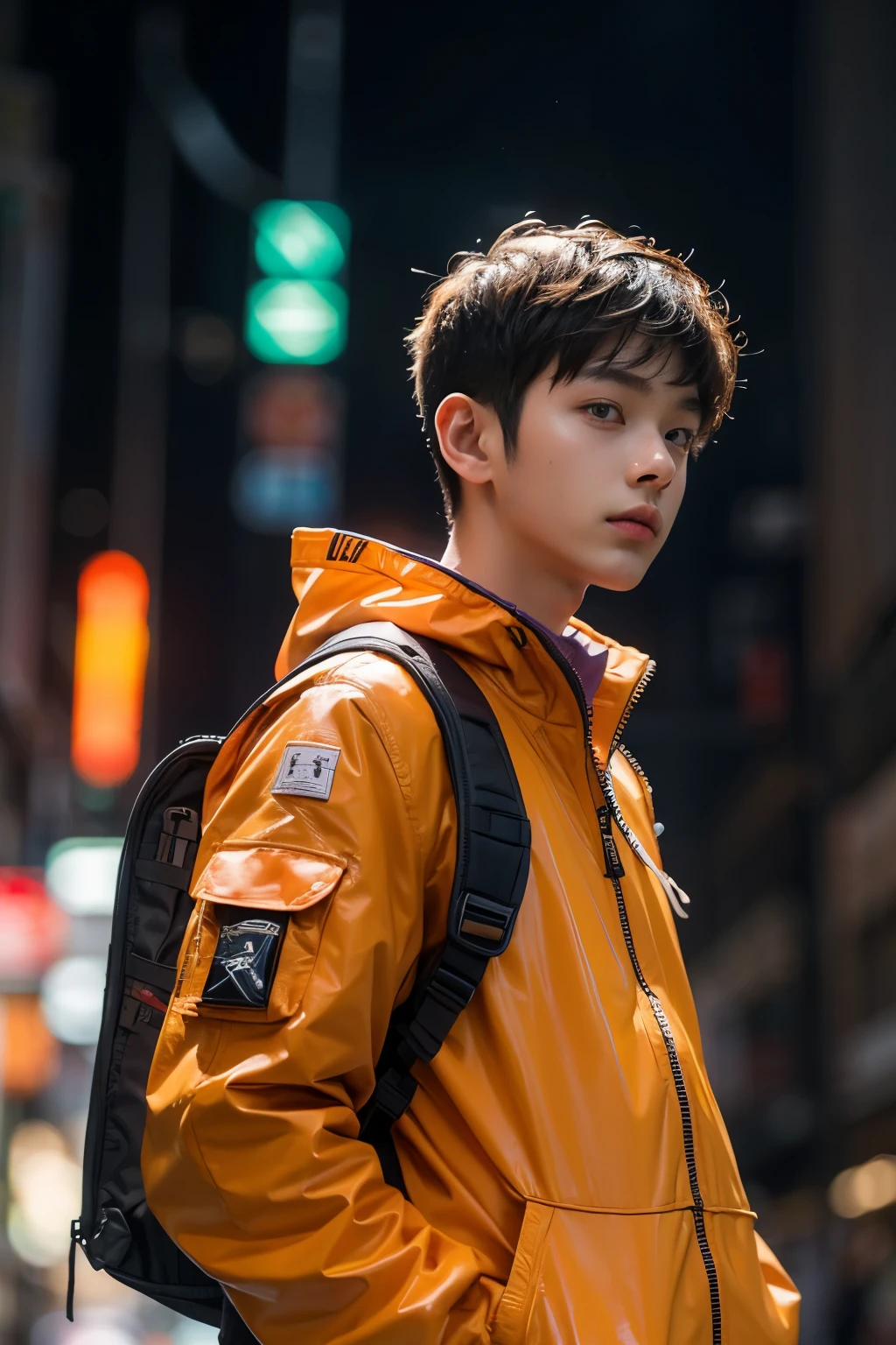 (front view:1.4), close-up portrait, (1boy:1.5), 20 year old, solo, orange spacesuit, bangs, brown(short hair:1.2), bag, blurry_background, purple neon light, backpack, zipper, urban techwear, outfit, 