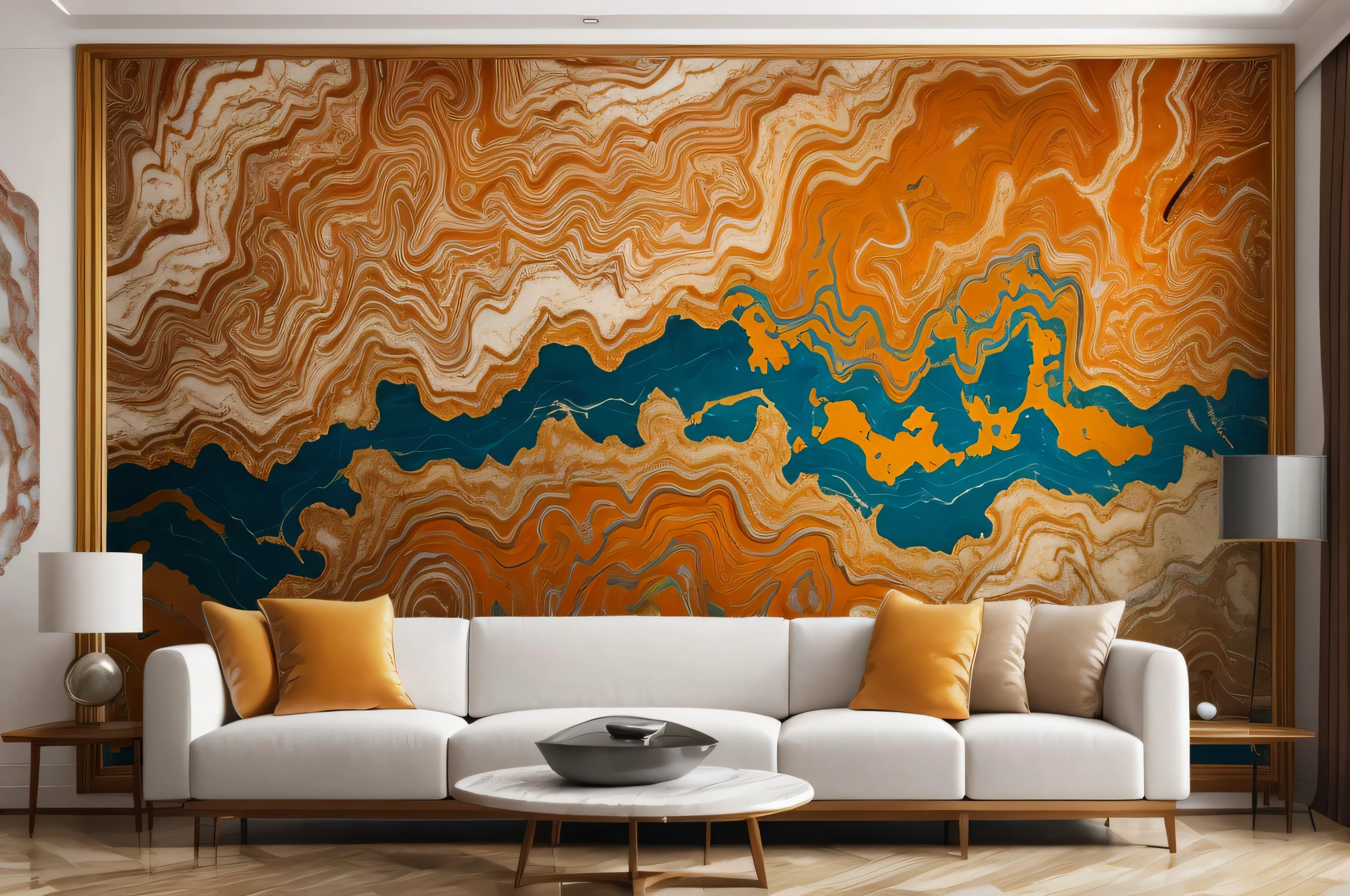 a close up of a couch in a room with a large painting on the wall, carved marble texture silk cloth, 4k/8, living room wall background, circuitry. 8k 3d geology, decorated polished wood, 3 d oil painting, maximalist sculpted design, exaggerated texture, wall mural, 8 k highly detailed art, (rust)