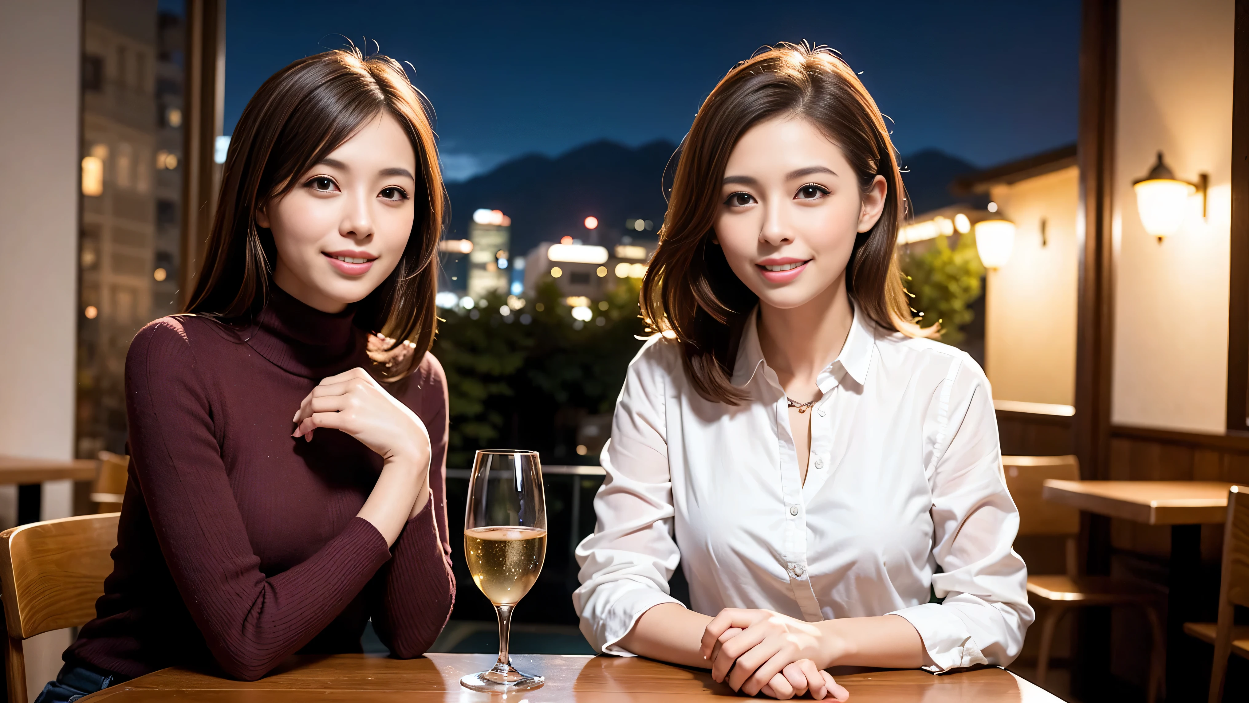 K, UHD, highest quality, masterpiece: 1.2), (realistic, photorealistic: 1.37), Spectacular view of the sunset sky and clouds、Amazing mountain views、A bright smile、3 slim beauties, (slim face),Happy、 the best smile、Fox face、Berry Short、(because I&#39;thin), (brown hair), (shortcut), long sleeve shirt、winter fashion、Japanese、Dutch、German、Portuguese、Belgian、Italian、French,Champagne、SparKling wine、 (gush), (slim body), (brown hair), (shortcut), neat beauty、cheeKs blush a little, (41 years old), 38 years old, alone, A beautiful and detailed night view spreads out outside the window..., restaurant, wine glass is sitting, At night, in a prominent place (from the Upper body) nova frog style, actress, model, Upper body, White wine, slim, wine glass, very beautiful night view, wine glass Put in the Middle, Happy smile, (smile: 1.15), 