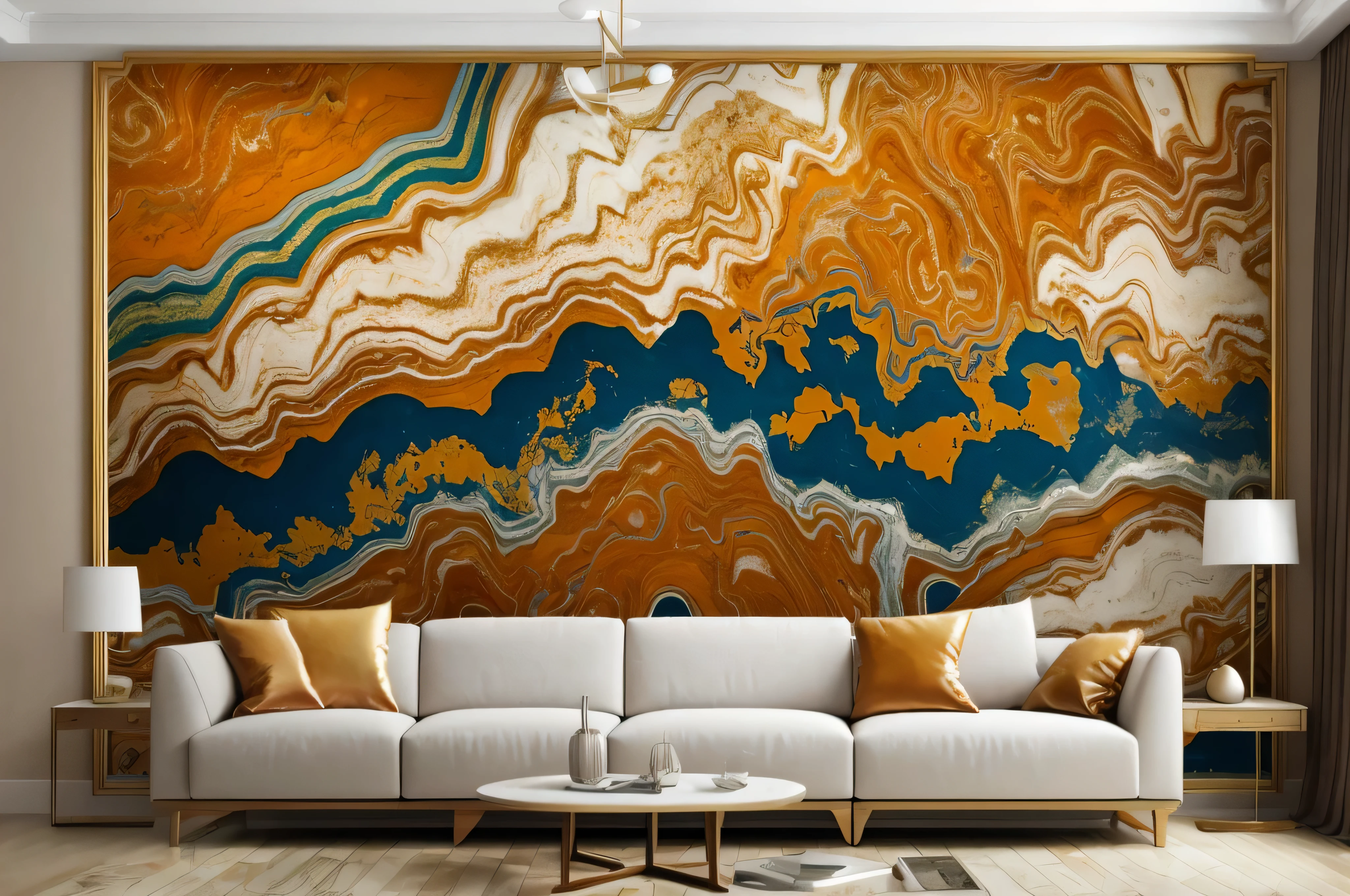 a close up of a couch in a room with a large painting on the wall, carved marble texture silk cloth, 4k/8, living room wall background, circuitry. 8k 3d geology, decorated polished wood, 3 d oil painting, maximalist sculpted design, exaggerated texture, wall mural, 8 k highly detailed art, (rust)