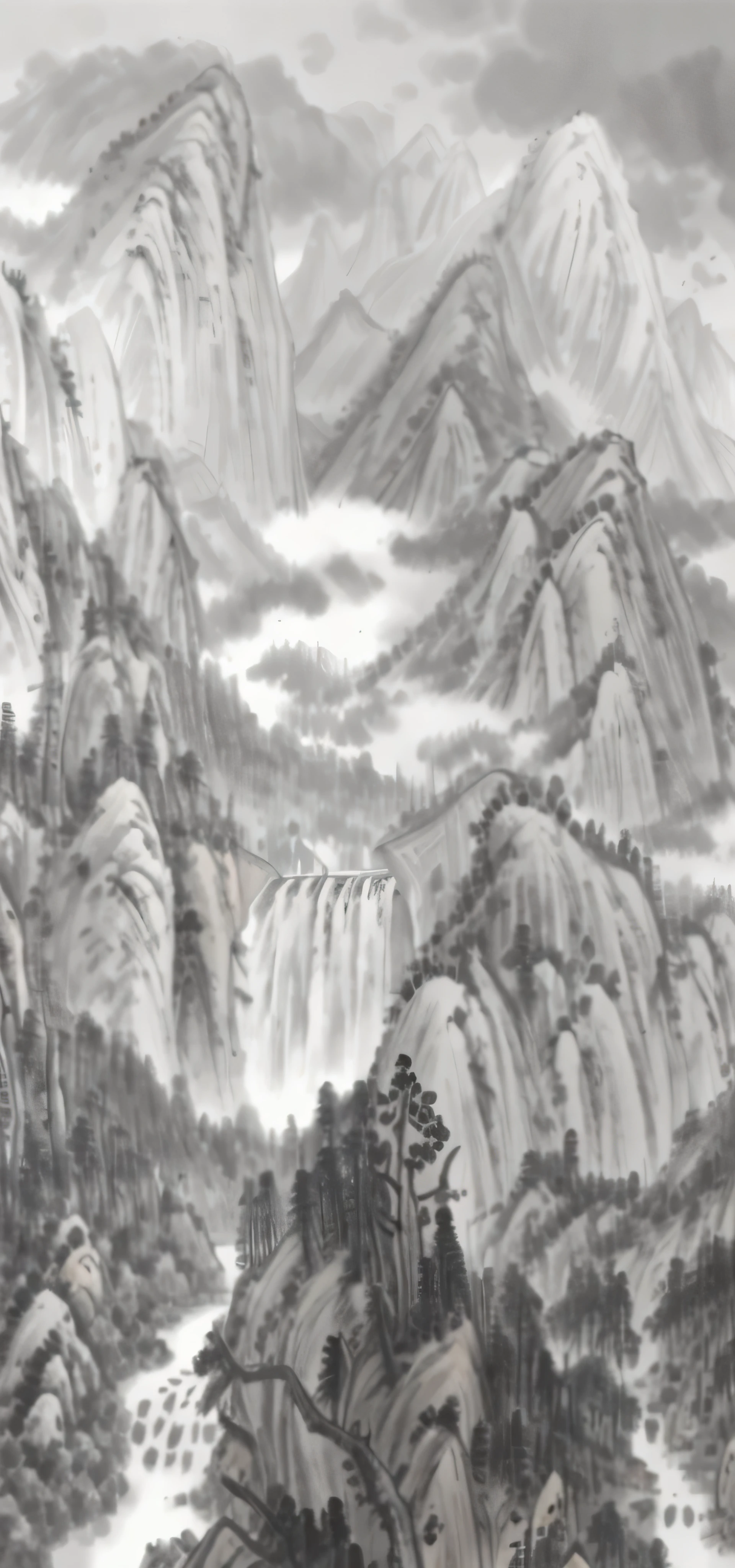 a black and white painting of a mountain scene with a river, chinese landscape, inspired by Dong Qichang, traditional chinese ink painting, inspired by Wang Yuanqi, inspired by Huang Binhong, chinese painting style, traditional chinese painting, traditional chinese art, inspired by Wang Jian, inspired by Huang Tingjian, inspired by Li Keran, inspired by Yuan Jiang