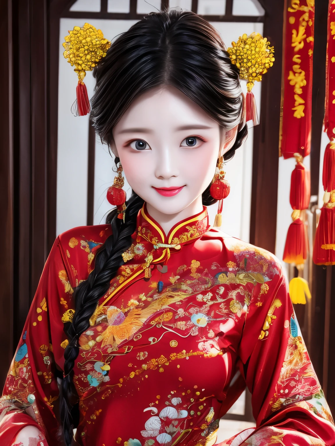 Eyes are very delicate，Wearing cheongsam with double braids，Chinese new year decoration（（grinning masterpiece）））， （（best quality））， （（intricate details））， （（surreal））（8K）