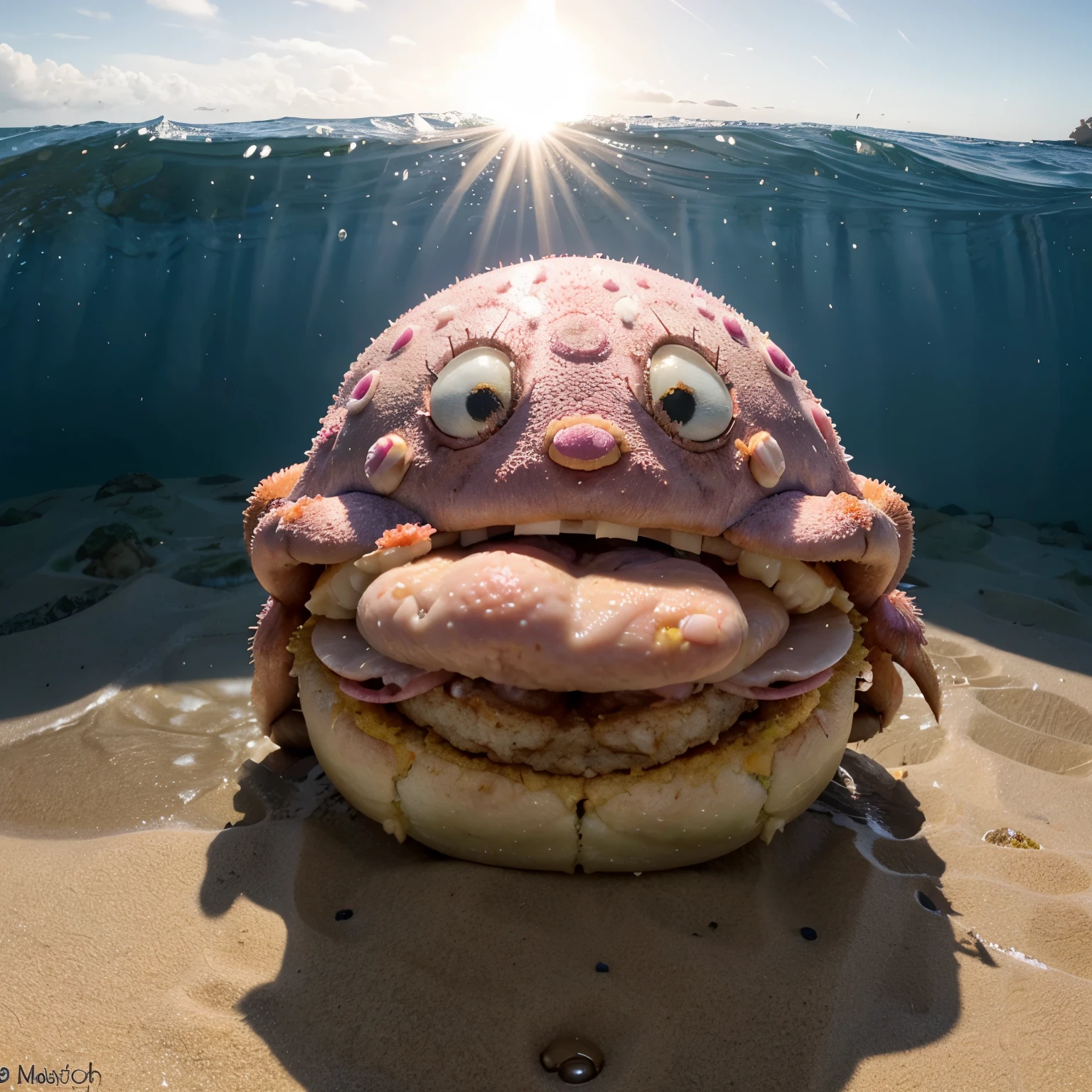 Picture of Patrick star form Spongebob SquarePants raiding the crusty crab to steal the craby patty formula while wearing the same outfit as majin buu from dragon ball super