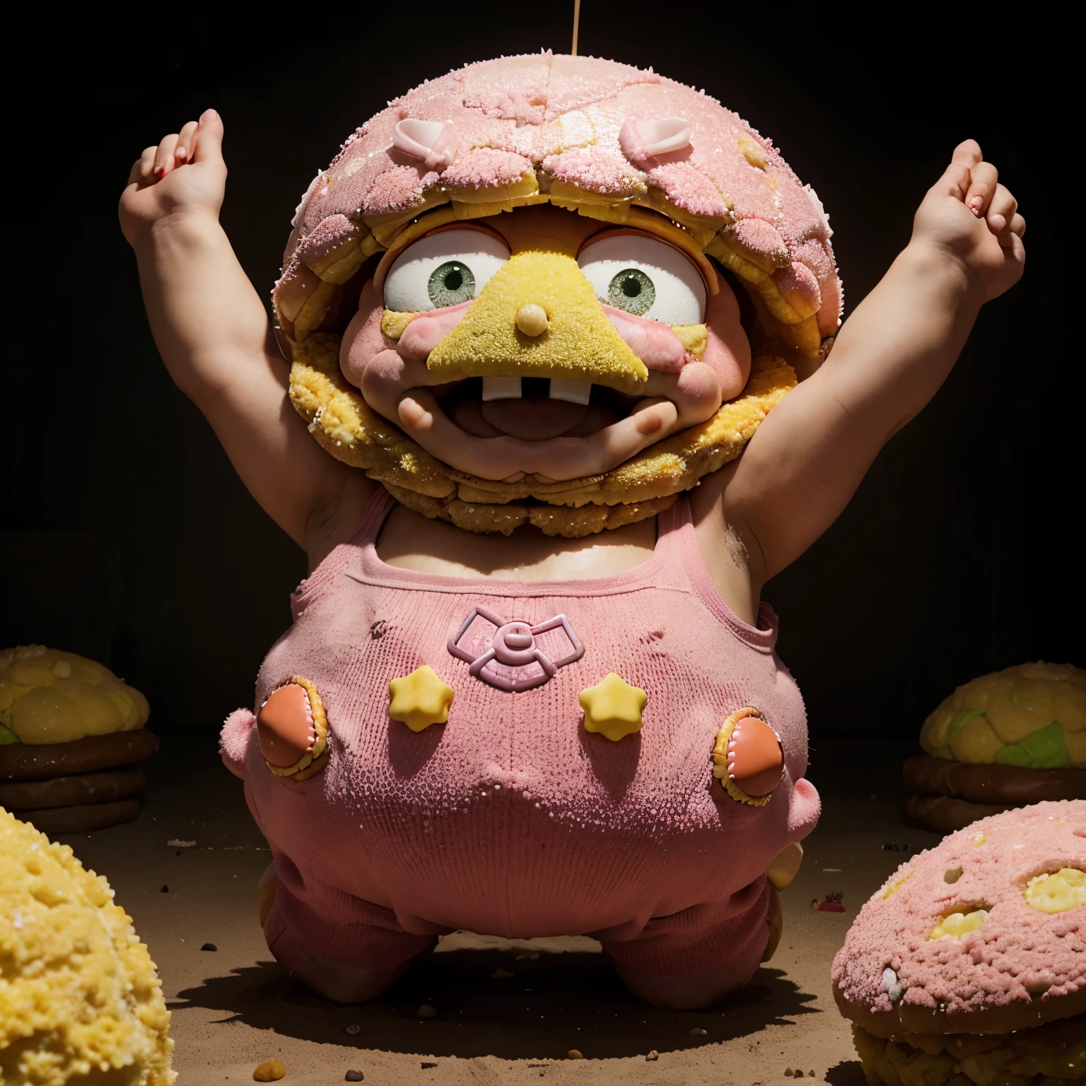 Picture of Patrick star form Spongebob SquarePants raiding the crusty crab to steal the craby patty formula while wearing the same outfit as majin buu from dragon ball super