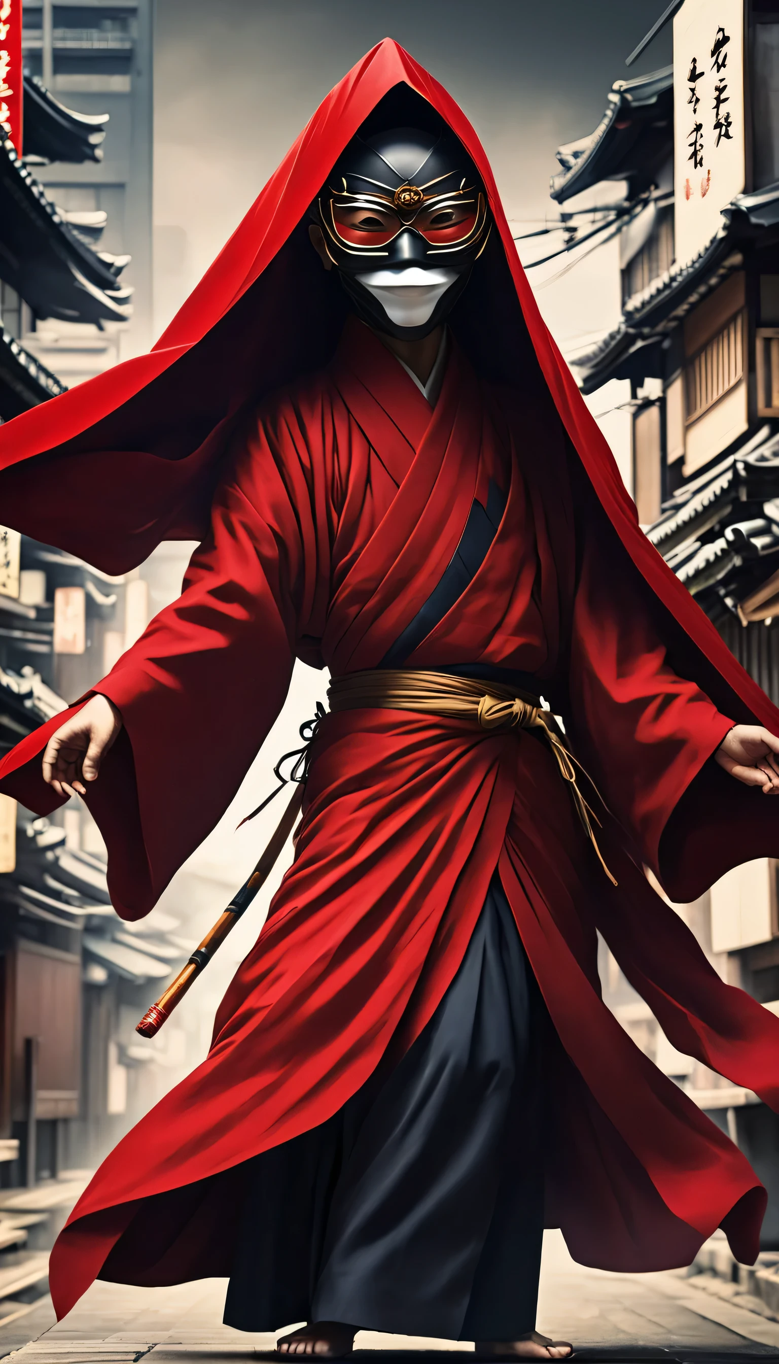 Japananese urban lagend Aka manto, masked spirit, wearing red cloaked
