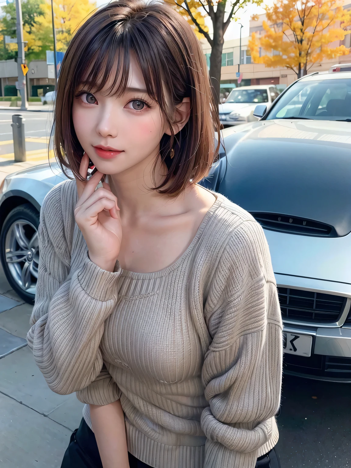 (table top:1.4, highest quality:1.4、Add intense highlights to your eyes:1.4、short and shiny hair:1.4 ),1 girl, alone, short black hair, scarf, have,, realistic, looking at the viewer, light brown eyes, droopy eyes:1.5, short hair, coat, Winter clothes, White headscarf, lips, lip gloss:1.4，bangs,closed mouth, Upper body、Big eyes、eyelash、((street))、((bangsのあるshort hair:1.4、Big eyes、Gives a very strong highlight to the eyes、thin waist、very beautiful beauty、show me your ears、long neck、smile a little、Please close your mouth and smile))、Beautiful adult woman full of charm:1.4、(There are no people or cars, And an avenue lined with autumn leaves)、perfect anatomy