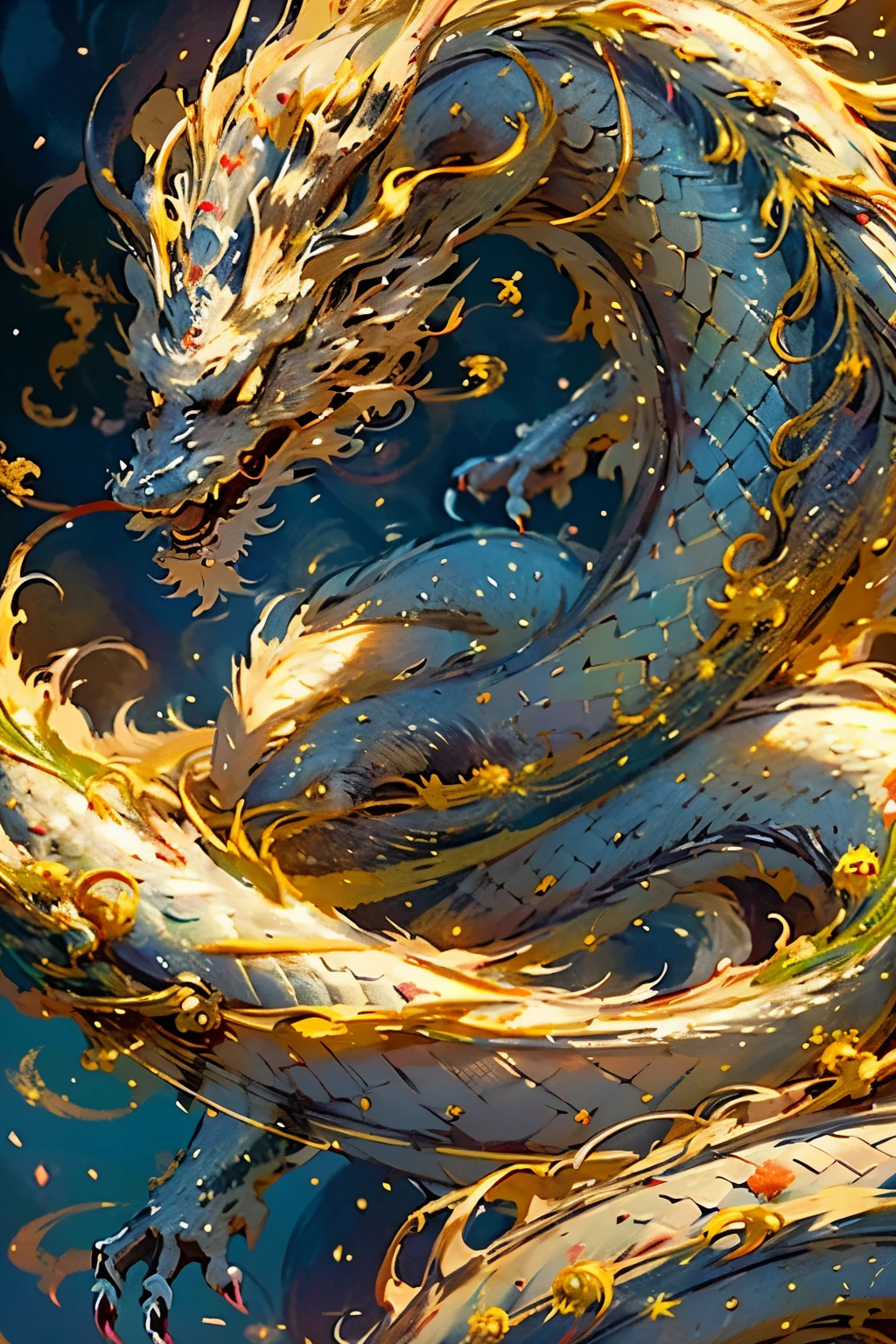Chinese dragon, clad in dark gold, soars majestically in the air. With each beat of its wings, intricate scales glint in the sun, revealing a level of detail that leaves viewers in awe. The dragon's eyes are sharp and bright, the irises a mesmerizing swirl of colors. As it ascends, a trail of golden light follows in its wake, adding an ethereal touch to its regal presence. The scene is one of breathtaking beauty and power, the dragon a true masterpiece of artistry. (Ultra-high definition, Realistic, RAW photography, Best quality: 1.4)