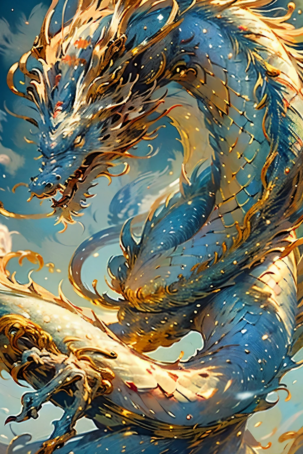 Chinese dragon, clad in dark gold, soars majestically in the air. With each beat of its wings, intricate scales glint in the sun, revealing a level of detail that leaves viewers in awe. The dragon's eyes are sharp and bright, the irises a mesmerizing swirl of colors. As it ascends, a trail of golden light follows in its wake, adding an ethereal touch to its regal presence. The scene is one of breathtaking beauty and power, the dragon a true masterpiece of artistry. (Ultra-high definition, Realistic, RAW photography, Best quality: 1.4)