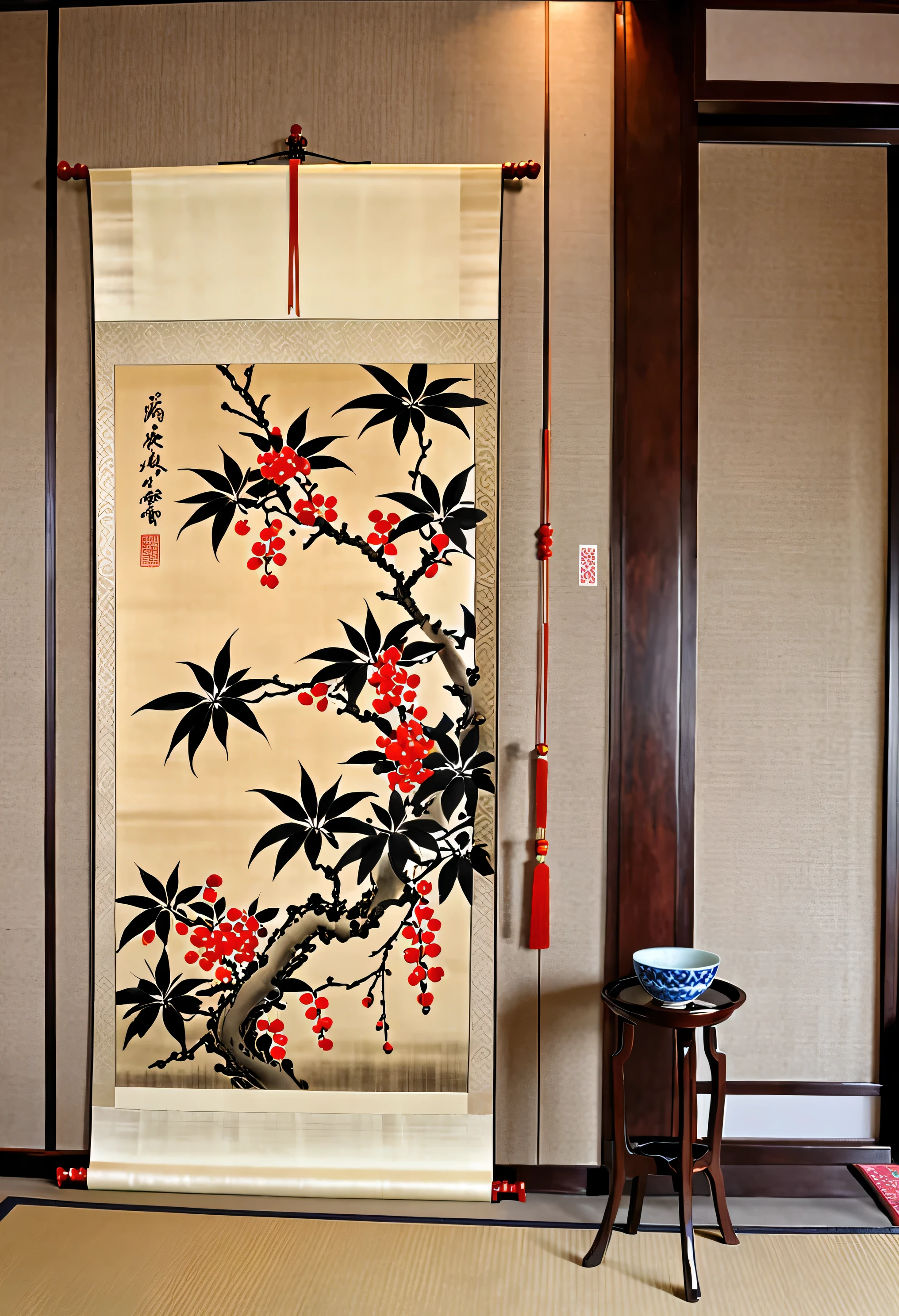 there is a picture of a picture of a tree with red berries, chinese painting style, hanging scroll on wall, chinese style, chinese style painting, with ancient chinese aesthetic, inspired by Emperor Huizong of Song, japanese style painting, chinese art, inspired by Sōami, artwork in style of sheng lam, japanese art style, ancient china art style
