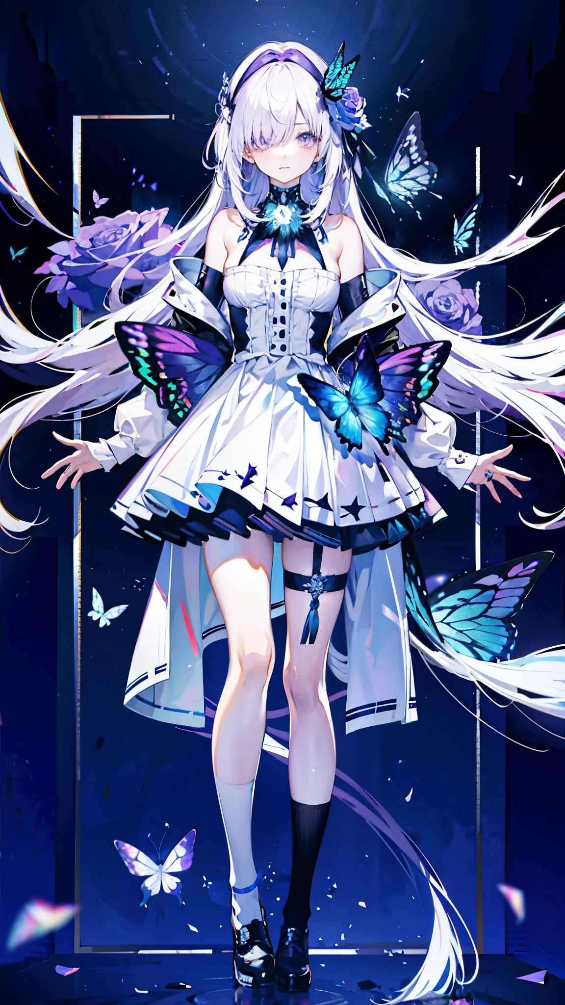 silver hair,Butterfly,long white hair,8k wallpaper,Detailed background,Highest resolution,Deep V,hair covering one eye,Bandeau style,Chis,purple Rose,tight,high socks,livestock