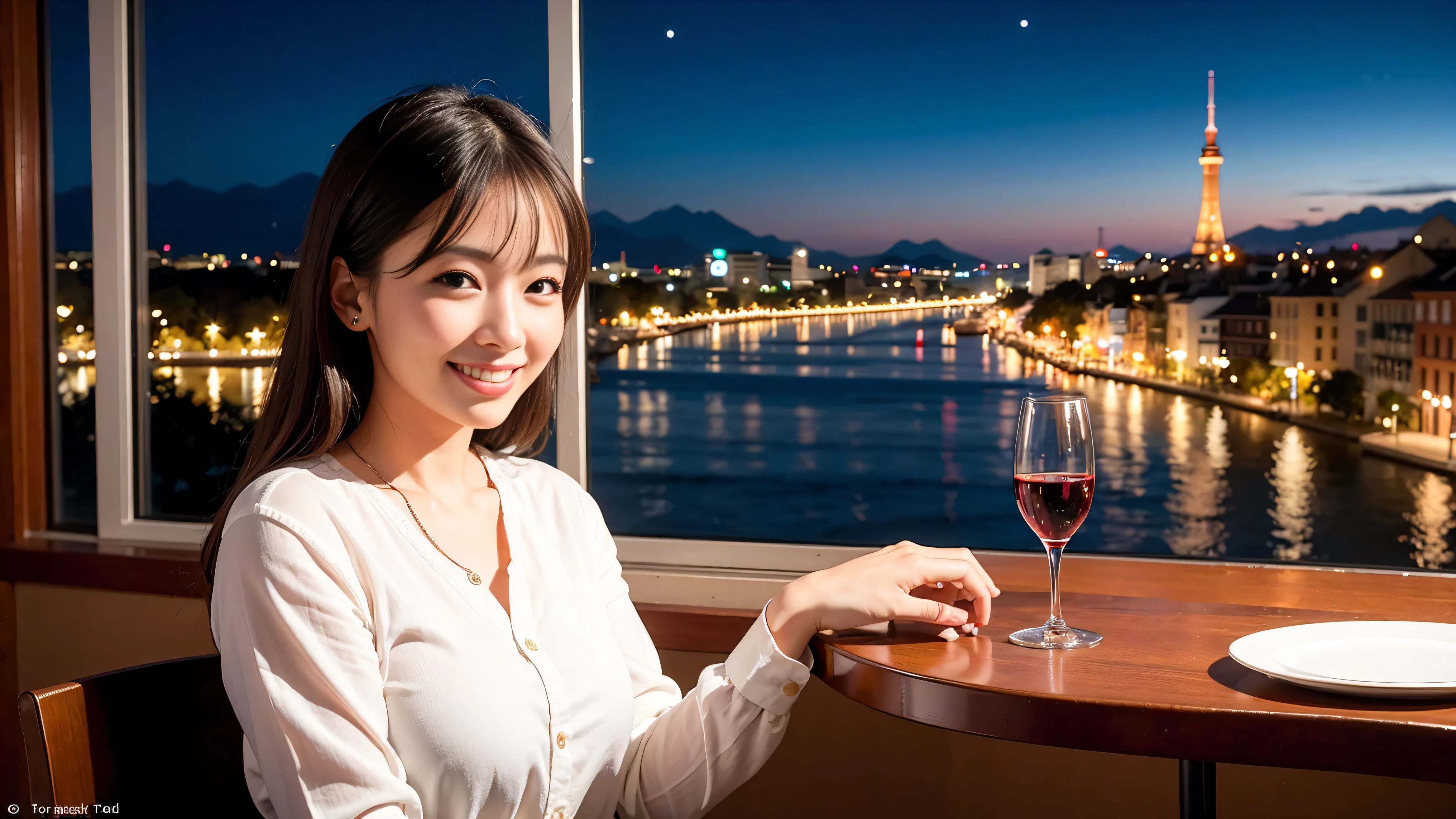 K, UHD, highest quality, masterpiece: 1.2), (realistic, photorealistic: 1.37), Spectacular view of the sunset sky and clouds、Amazing mountain views、A bright smile、3 slim beauties, (slim face),Happy、 the best smile、Fox face、Berry Short、(because I'thin), (brown hair), (shortcut), long sleeve shirt、winter fashion、Japanese、Dutch、German、Portuguese、Belgian、Italian、French,Champagne、SparKling wine、 (gush), (slim body), (brown hair), (shortcut), neat beauty、cheeKs blush a little, (41 years old), 38 years old, alone, A beautiful and detailed night view spreads out outside the window..., restaurant, wine glass is sitting, At night, in a prominent place (from the Upper body) nova frog style, actress, model, Upper body, White wine, slim, wine glass, very beautiful night view, wine glass Put in the Middle, Happy smile, (smile: 1.15),