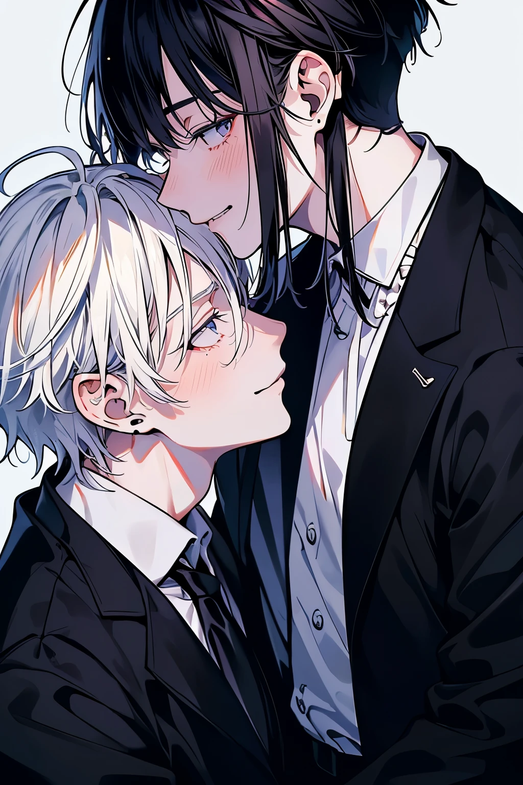 (muste piece), (best quality), very detailed, ((two men intimate)), perfect face, beautiful face, very detailed顔,(black haired man:1.3),(white haired man:1.3),suit,shirt,smile