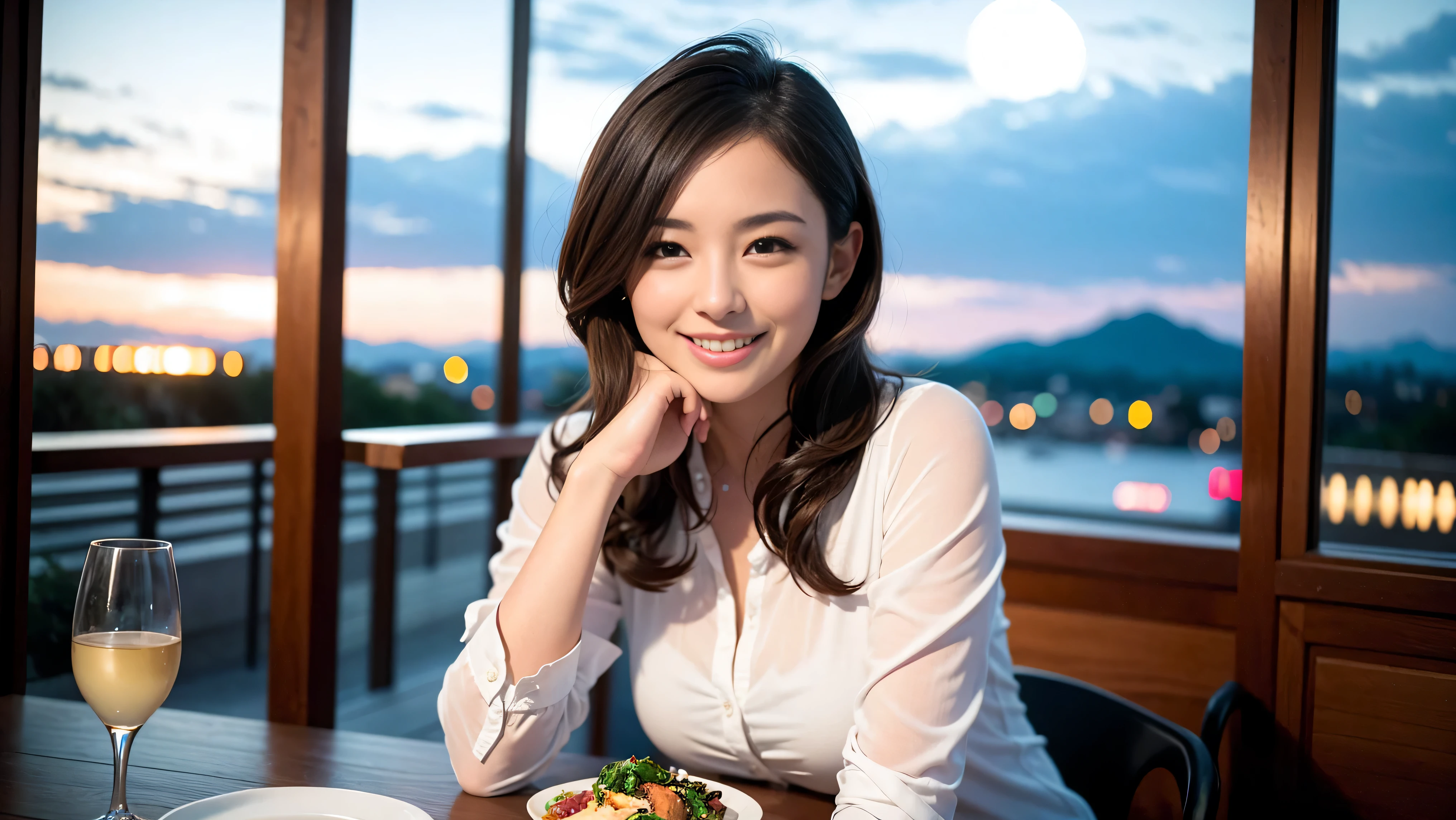 K, UHD, highest quality, masterpiece: 1.2), (realistic, photorealistic: 1.37), Spectacular view of the sunset sky and clouds、Amazing mountain views、A bright smile、3 slim beauties, (slim face),Happy、 the best smile、Fox face、Berry Short、(because I'thin), (brown hair), (shortcut), long sleeve shirt、winter fashion、Japanese、Dutch、German、Portuguese、Belgian、Italian、French,Champagne、SparKling wine、 (gush), (slim body), (brown hair), (shortcut), neat beauty、cheeKs blush a little, (41 years old), 38 years old, alone, A beautiful and detailed night view spreads out outside the window..., restaurant, wine glass is sitting, At night, in a prominent place (from the Upper body) nova frog style, actress, model, Upper body, White wine, slim, wine glass, very beautiful night view, wine glass Put in the Middle, Happy smile, (smile: 1.15),