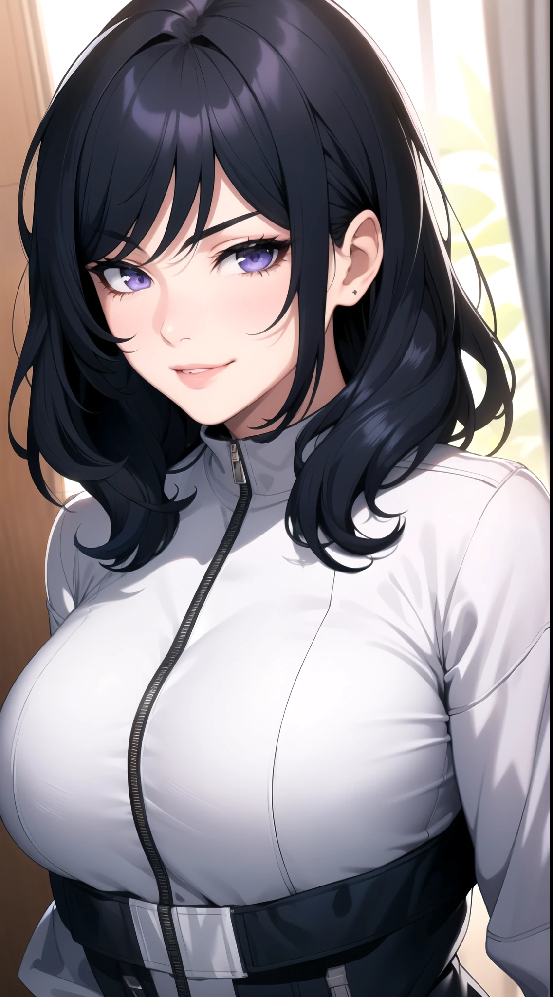 (masterpiece, best quality), intricate details, thin, ((slim)), beautiful girl, Light black blue hair, white skin, light purple eyes, sharp jawline, cropped jacket, messy hair, plump lips, upper body, close up, smirk