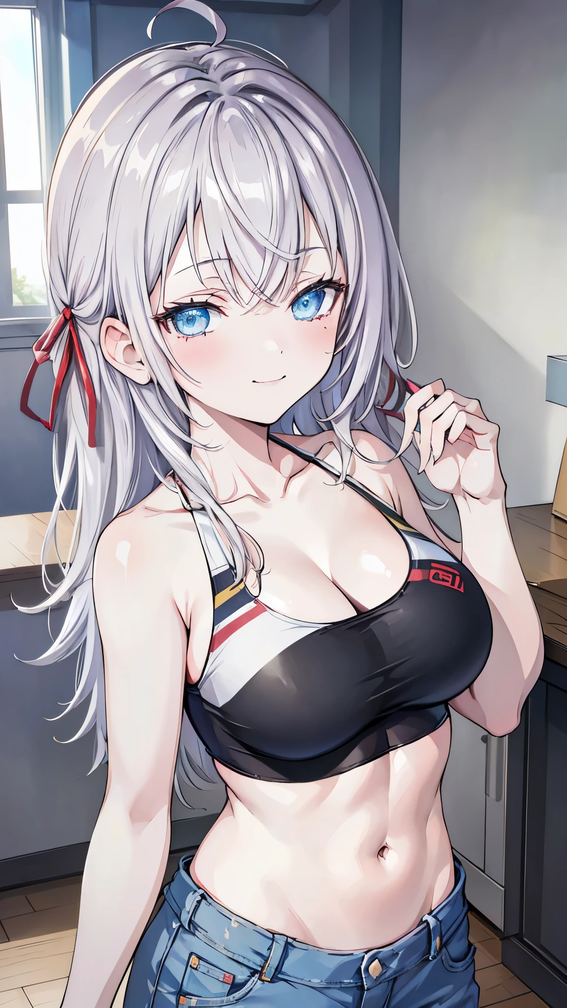 masterpiece, highres, solo, 8k, detailed, perfect face, (ultra high quality), looking viewers, armpit, big breast, cleavage, silver hair, long hair, blue eyes, belly, stomach, navel, abs, crop tanktop, denim short, slim body, upper body, smile, blush