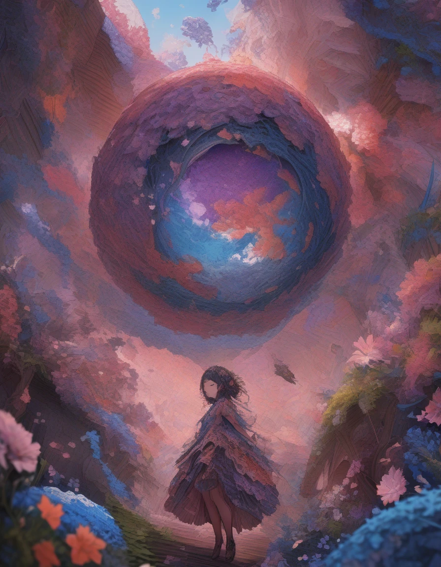1girl, Aliens holding hands in a circle in a meadow of alien flowers, galaxies and planets in the sky, alien landscape, aesthetic, extremely detailed, masterpiece, best quality, very aesthetic, absurdres, detailed matte painting, deep color, fantastical, intricate detail, splash screen, complementary colors, fantasy concept art, 8k resolution trending on Artstation Unreal Engine 5