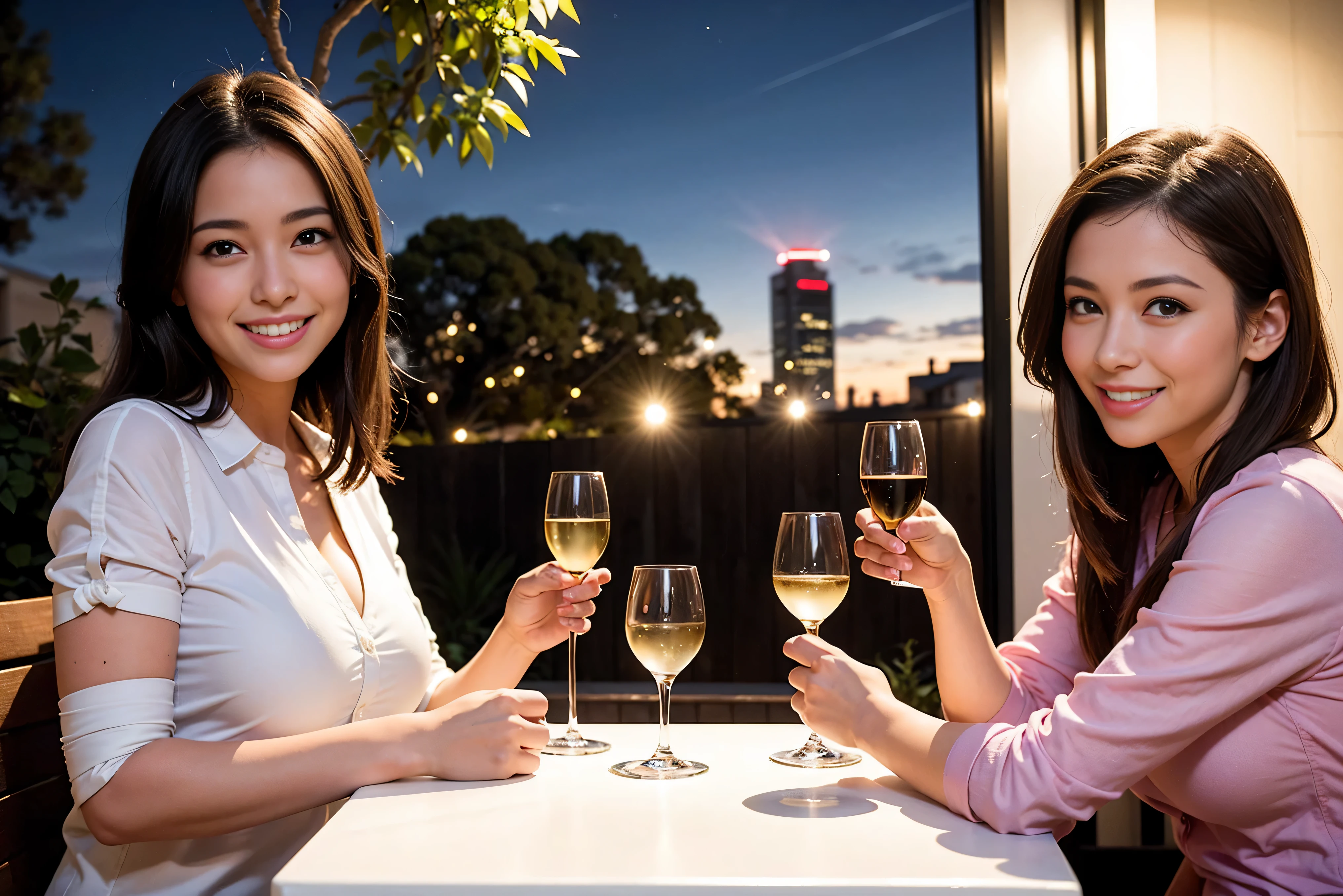 ((Highest quality、8K、masterpiece:1.3))、cute、slimカップル、modelカップル、actress男優、(Realistic, Intricate details:1.2), full-course dinner、Wine Party、Amazing view of the sunset sky and clouds、A bright smile、short hair,Bright Face、 (Age 37), Age 34, red wine 、Appetizers、Italian food、Wine bottle、Champagne、sparkling wine、Two beauties、Brown Hair、Shortcuts、Long sleeve shirt、dress、Beautiful woman 1, (slimな顔), (The body is slim), (Brown Hair), (Shortcuts), cheeks turn a little red,Attractive beauty、restaurant, In a prominent place (From the waist up) Nova Frog Style, actress, model, Upper Body, White wine, slim, wine glass, 中央に置かれたwine glass, smile, (smile: 1.15), Beautiful fine grain, Depth f/2,saturation, High Contrast, Strong light and shadow,Moist Body:1.5、3D texture、Delicate eyes、Brown Hair、The hair is very shiny、
