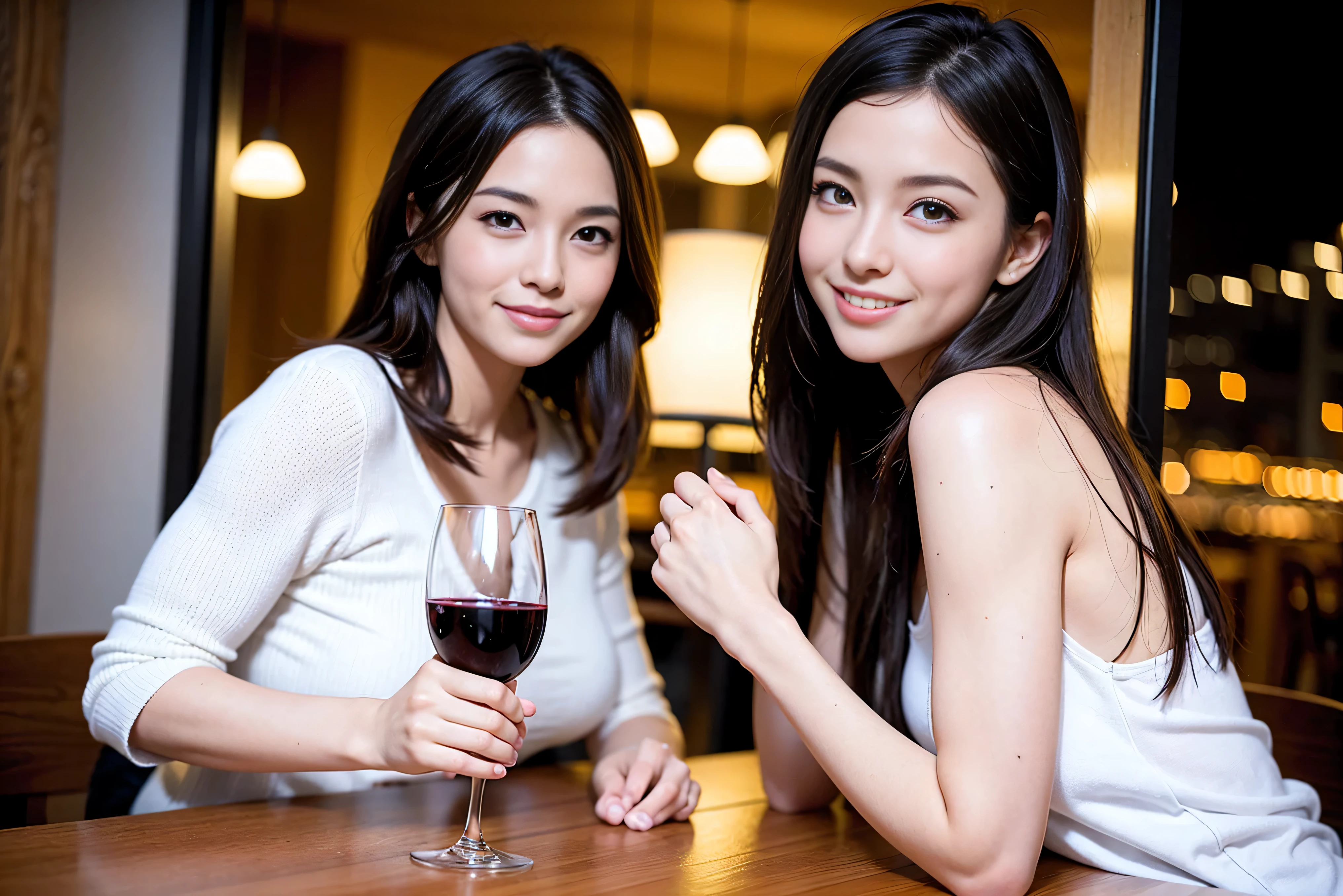 K, Hmm, highest quality, masterpiece: 1.2), (realistic, photorealistic: 1.37), Super detailed, 3 slim beauties, (slim face),Happy、 the best smile、Fox face、Berry Short、(because I&#39;thin), (brown hair), (shortcut), long sleeve shirt、winter fashion、Colombian、Brazilian、Japanese、Dutch、German、Portuguese、Belgian、Italian、French,Champagne、sparKling wine、 (gush out), (slim body), (brown hair), (shortcut), neat beauty、cheeKs turn a little red, (35 years old), 38 years old, alone, A beautiful and detailed night view spreads out outside the window...., restaurant, wine glass is sitting, At night, in a prominent place (from the Upper body) nova frog style, actress, model, Upper body, White wine, slim, wine glass, Very beautiful night view, wine glass Put in the Middle, Happy smile, (smile: 1.15), 