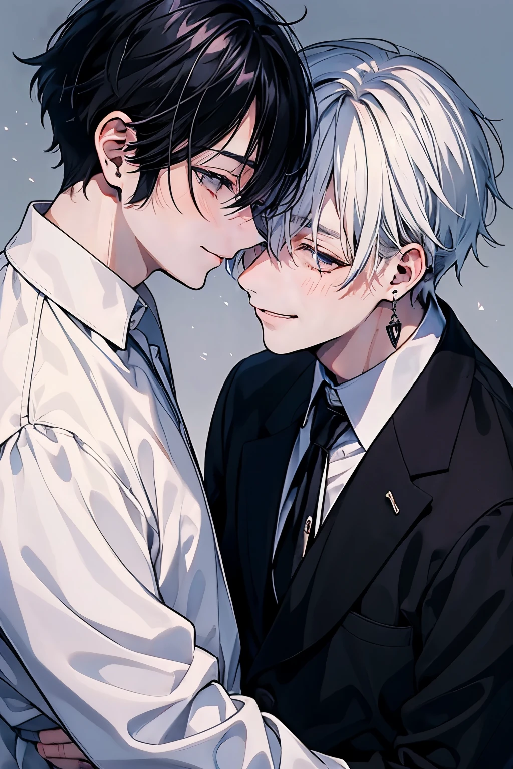 (muste piece), (best quality), very detailed, ((two men intimate)), perfect face, beautiful face, very detailed顔，(black haired man:1.3)，(white haired man:1.3)，suit，shirt，smile