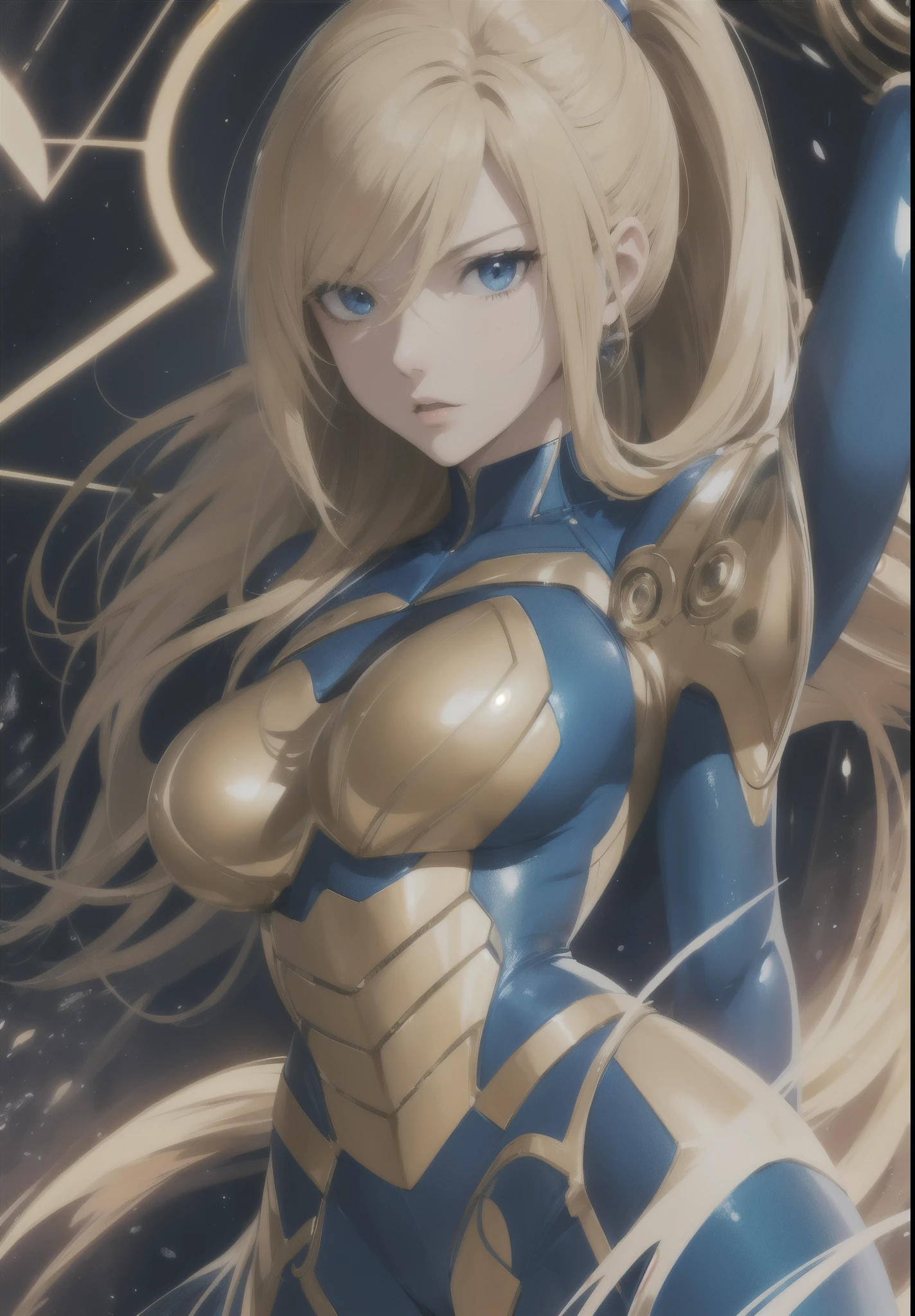 (anime,masterpiece, top quality, best quality,beautiful and aesthetic:1.2,professional illustrasion:1.1,ultra detail:1.3, official art, professional illustrasion, Ultra-detailed depiction, Ultra-precise depiction, extremely detailed 8k illustration, highres, ultra detailed painting, soft shadows), (girl), samus aran \(cosplay\), cool beauty, milf, glossy, (golden long hair), (ponytail), big breasts, perfect body, pubic hair, blue samus aran suit,