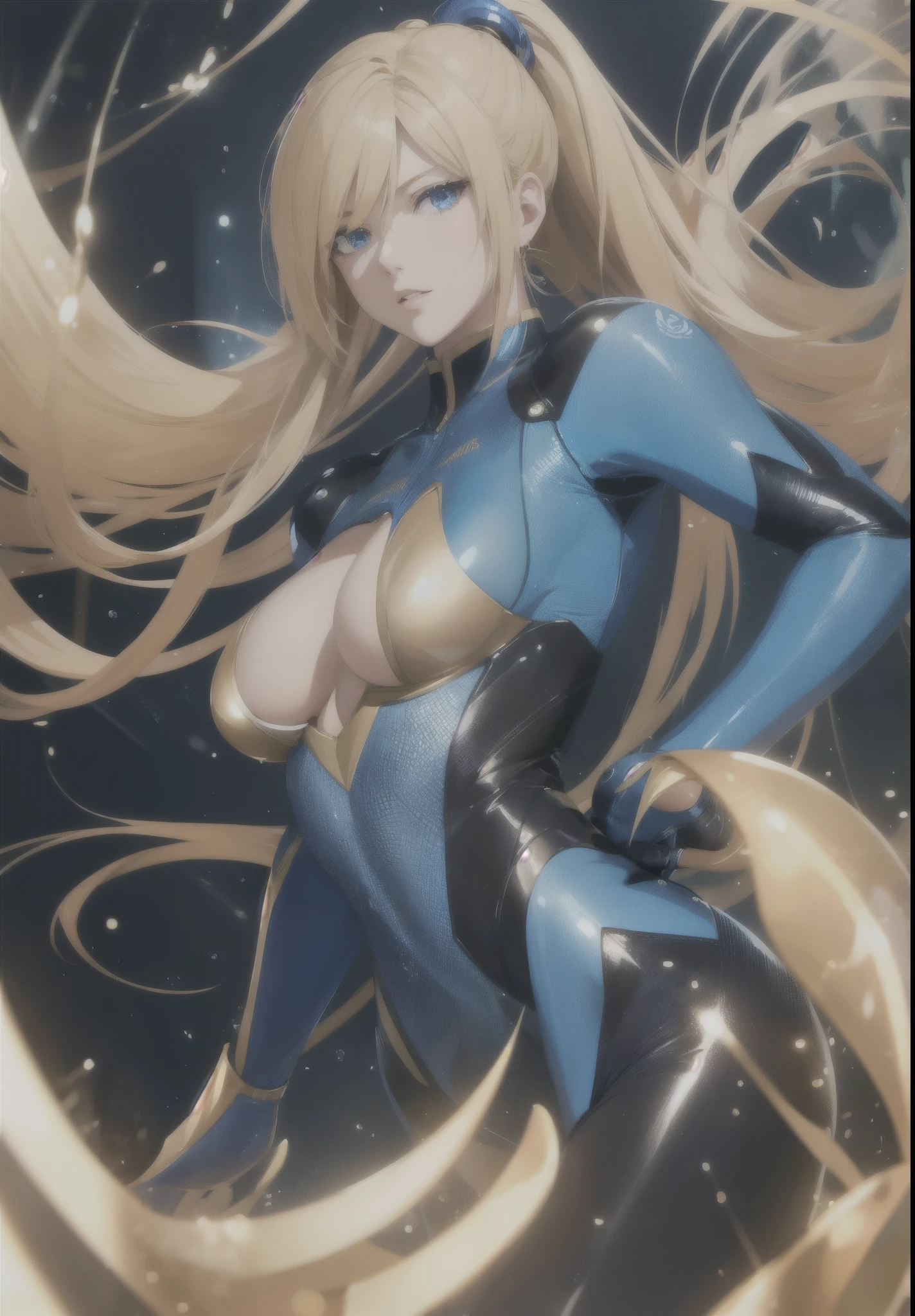 (anime,masterpiece, top quality, best quality,beautiful and aesthetic:1.2,professional illustrasion:1.1,ultra detail:1.3, official art, professional illustrasion, Ultra-detailed depiction, Ultra-precise depiction, extremely detailed 8k illustration, highres, ultra detailed painting, soft shadows), (girl), samus aran \(cosplay\), cool beauty, milf, glossy, (golden long hair), (ponytail), big breasts, perfect body, pubic hair, blue samus aran suit,