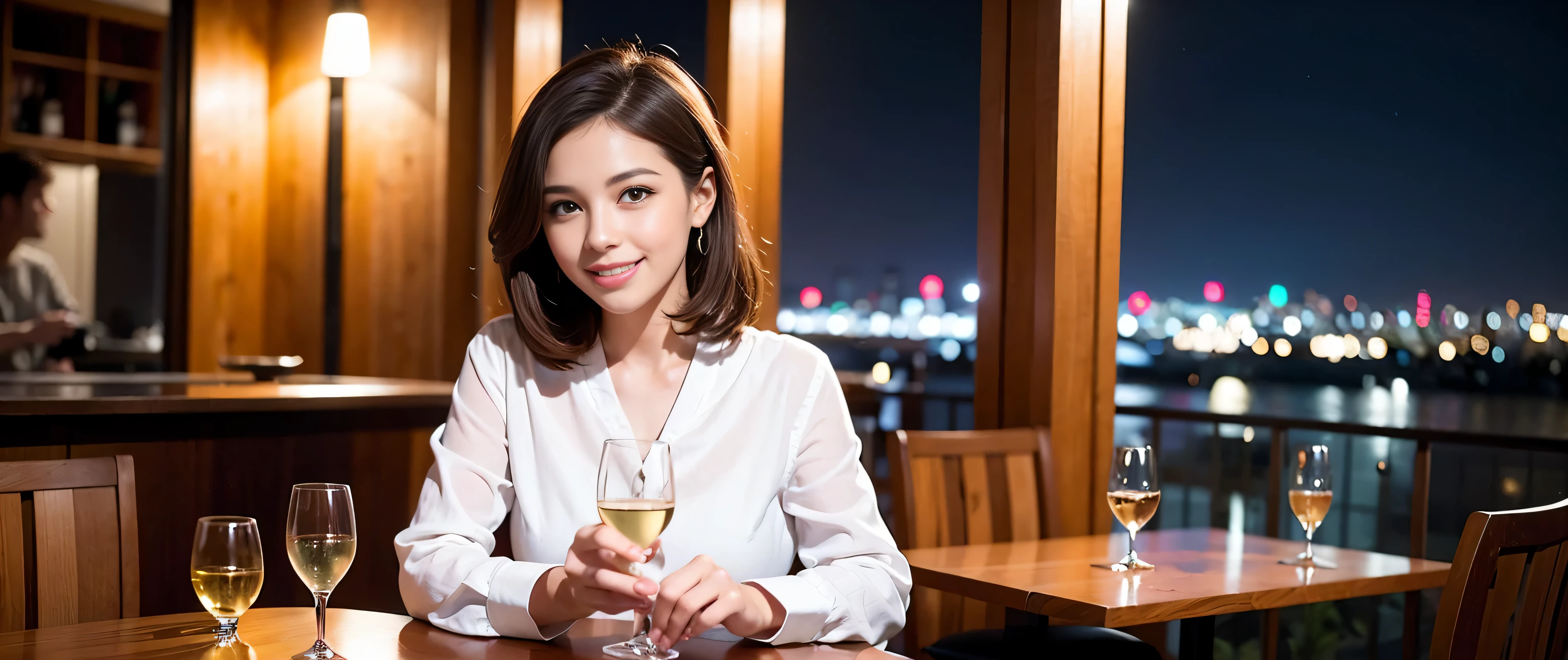 K, Hmm, highest quality, masterpiece: 1.2), (realistic, photorealistic: 1.37), Super detailed, 3 slim beauties, (slim face),Happy、 the best smile、Fox face、Berry Short、(because I'thin), (brown hair), (shortcut), long sleeve shirt、winter fashion、Colombian、Brazilian、Japanese、Dutch、German、Portuguese、Belgian、Italian、French,Champagne、sparKling wine、 (gush out), (slim body), (brown hair), (shortcut), neat beauty、cheeKs turn a little red, (35 years old), 38 years old, alone, A beautiful and detailed night view spreads out outside the window...., restaurant, wine glass is sitting, At night, in a prominent place (from the Upper body) nova frog style, actress, model, Upper body, White wine, slim, wine glass, Very beautiful night view, wine glass Put in the Middle, Happy smile, (smile: 1.15),