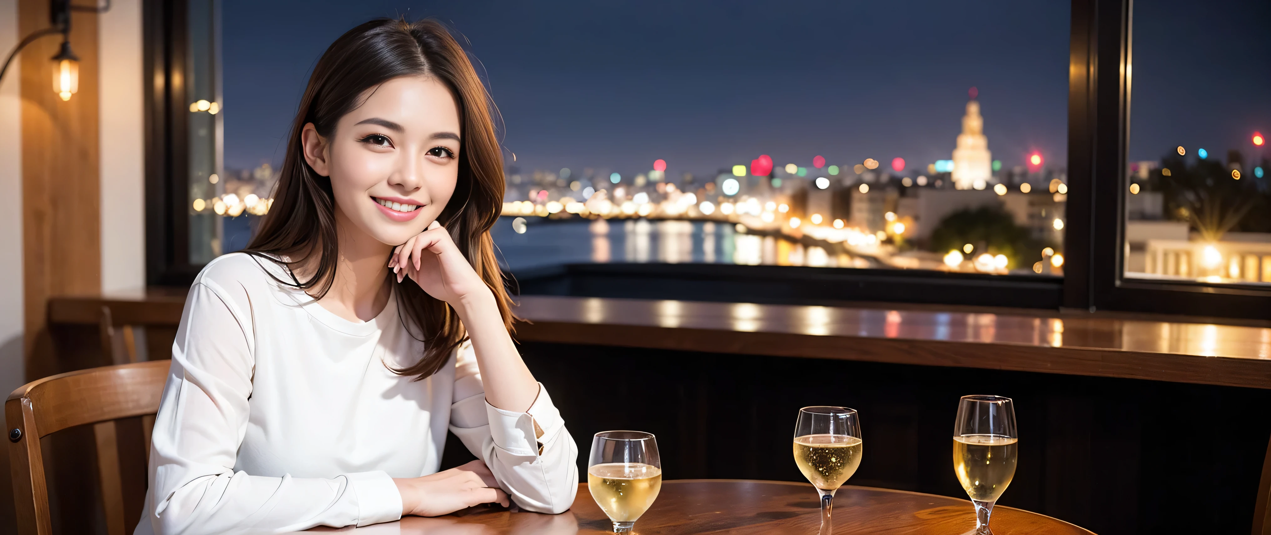 K, Hmm, highest quality, masterpiece: 1.2), (realistic, photorealistic: 1.37), Super detailed, 3 slim beauties, (slim face),Happy、 the best smile、Fox face、Berry Short、(because I'thin), (brown hair), (shortcut), long sleeve shirt、winter fashion、Colombian、Brazilian、Japanese、Dutch、German、Portuguese、Belgian、Italian、French,Champagne、sparKling wine、 (gush out), (slim body), (brown hair), (shortcut), neat beauty、cheeKs turn a little red, (35 years old), 38 years old, alone, A beautiful and detailed night view spreads out outside the window...., restaurant, wine glass is sitting, At night, in a prominent place (from the Upper body) nova frog style, actress, model, Upper body, White wine, slim, wine glass, Very beautiful night view, wine glass Put in the Middle, Happy smile, (smile: 1.15),