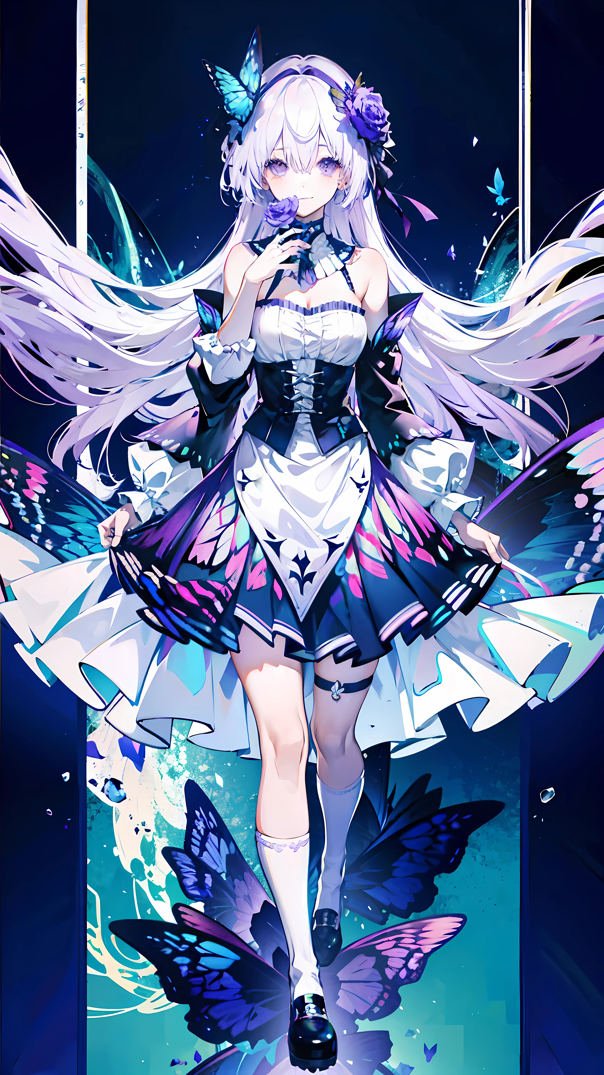 silver hair,Butterfly,long white hair,8k wallpaper,Detailed background,Highest resolution,Deep V,hair covering one eye,Bandeau style,Chis,purple Rose,tight,high socks,livestock