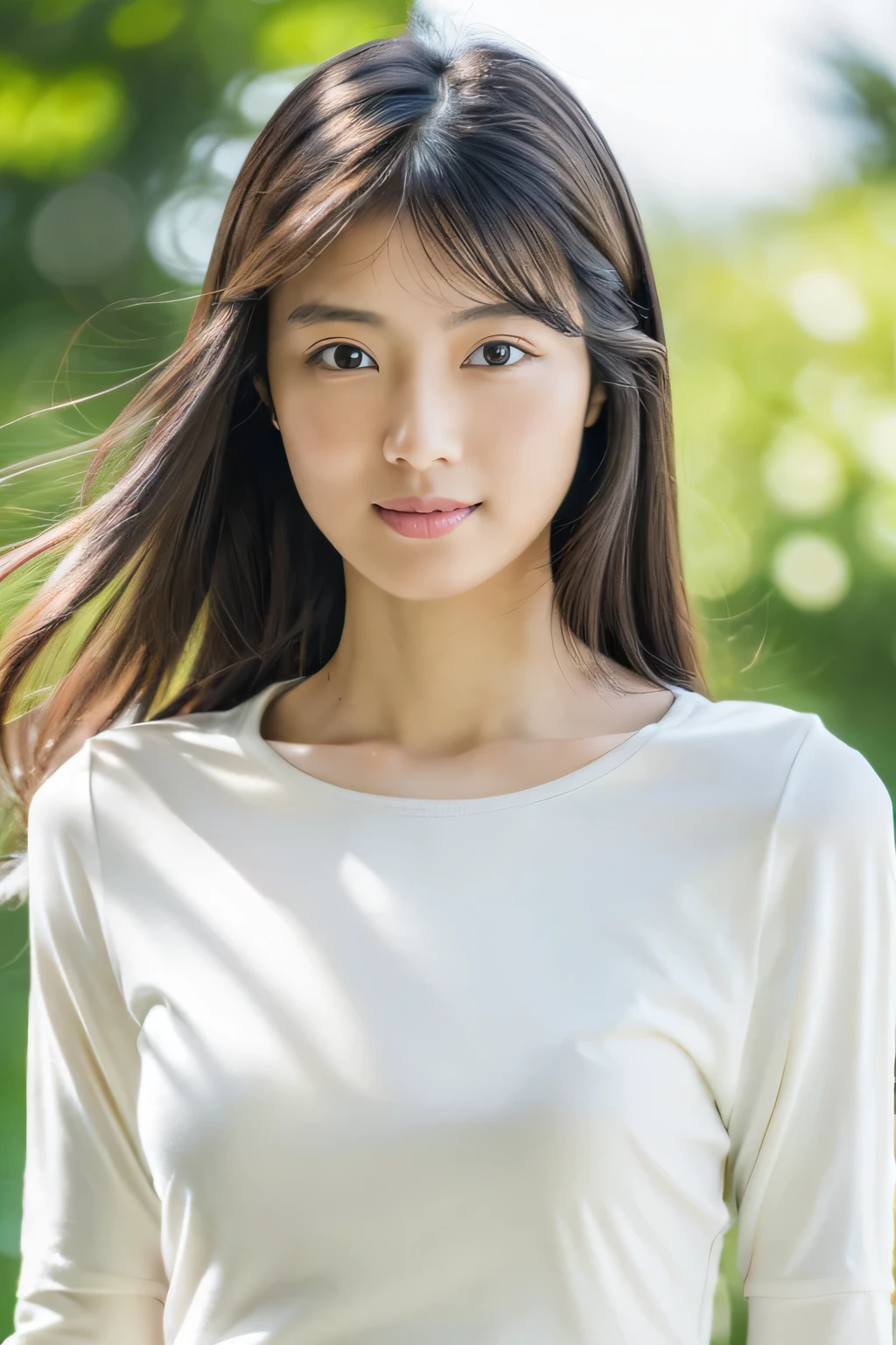 masterpiece, highest quality, Photoreal, Super detailed, finely, High resolution, 8k wallpaper, Professional, Advanced level of detail, 1 girl, thin japanese woman, ((facing the front)), detailed clavicle, perfect face, straight hair, (white crew neck:1.5)、pose for a full body shot

