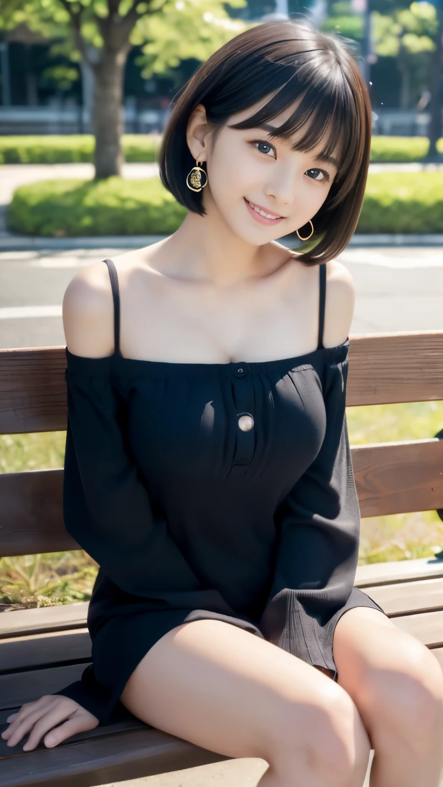 Masterpiece, Best-quality, RAW-photo, Ultra-High-Resolution, Photorealistic, very delicate human skin,
(Anatomically correct, -yeld, Restic Japanese girl, photographer's lover, She truly loves photographer, baby face,e, short height, thin waist, big breasts, Slender legs, Large breast, Realistic skin),
((teat, off shoulder dot dress:1.3)),
(maiko, Round face, Black hair, Black eyes, Moist eyes, Shining eyes, Short bob cut, Bangs, Down-slating eyebrows, one little earring, Light blush),
(See photographer, look at viewer, sit on a park bench, legs apart, spread legs:1.3),
(Elegant goddess smile, seduce men),
(Tokyo, Shinbashi, very lively Japanese station square),
Natural lighting, full length