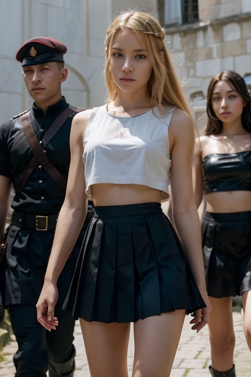 In a dark castle stands an anime girl, with a brave expression she leads on a group of male soldiers. The girl is wearing a pleated skirt, and a crop top. The girl has blond hair. The most appropriate affect for this scene would be a watercolor painting technique, to capture the girls beauty.