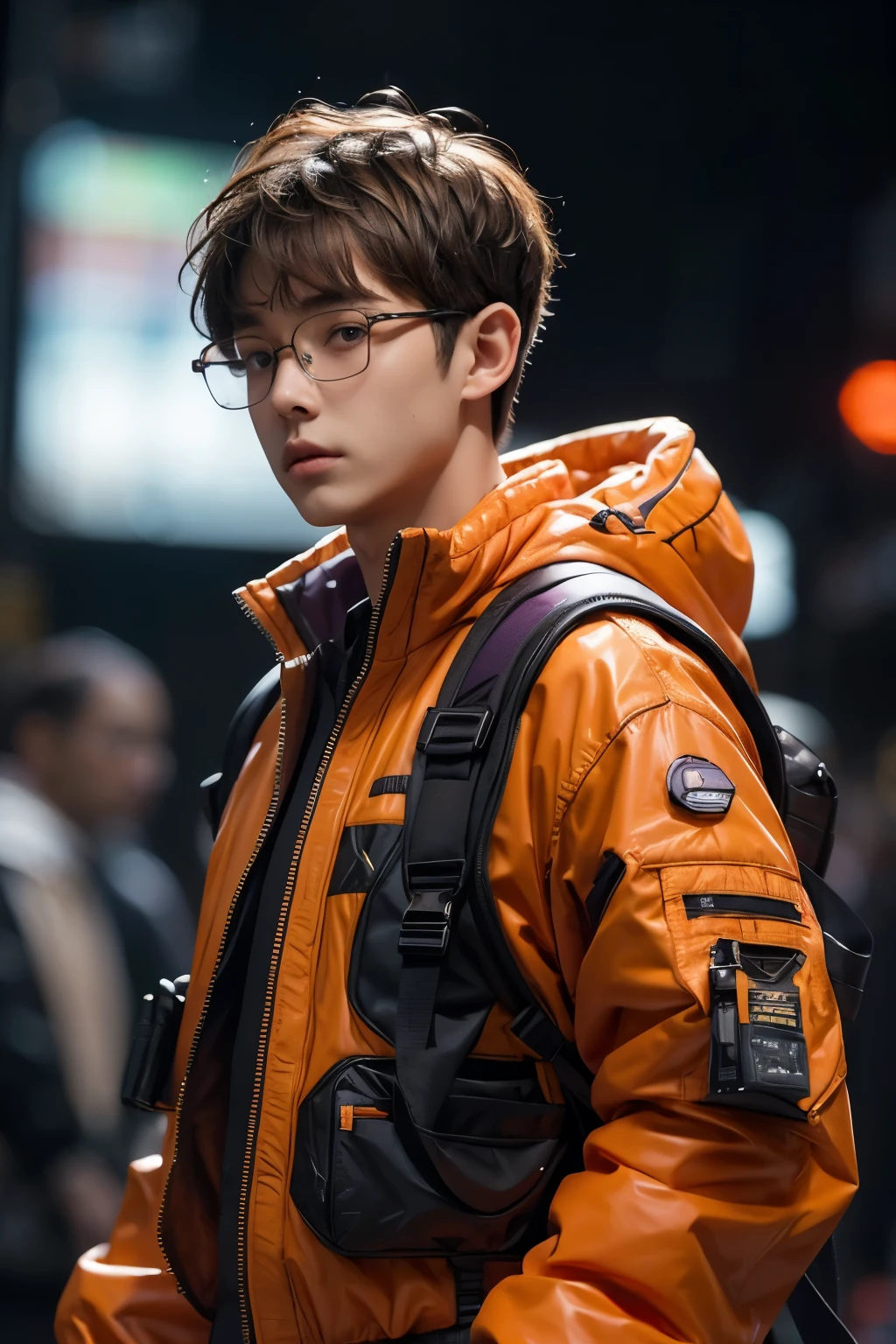 (front view:1.4), close-up portrait, (1boy:1.5), 20 year old with glasses, solo, orange spacesuit, bangs, brown(short hair:1.2), bag, blurry_background, purple neon light, backpack, zipper, urban techwear, outfit, cinematic