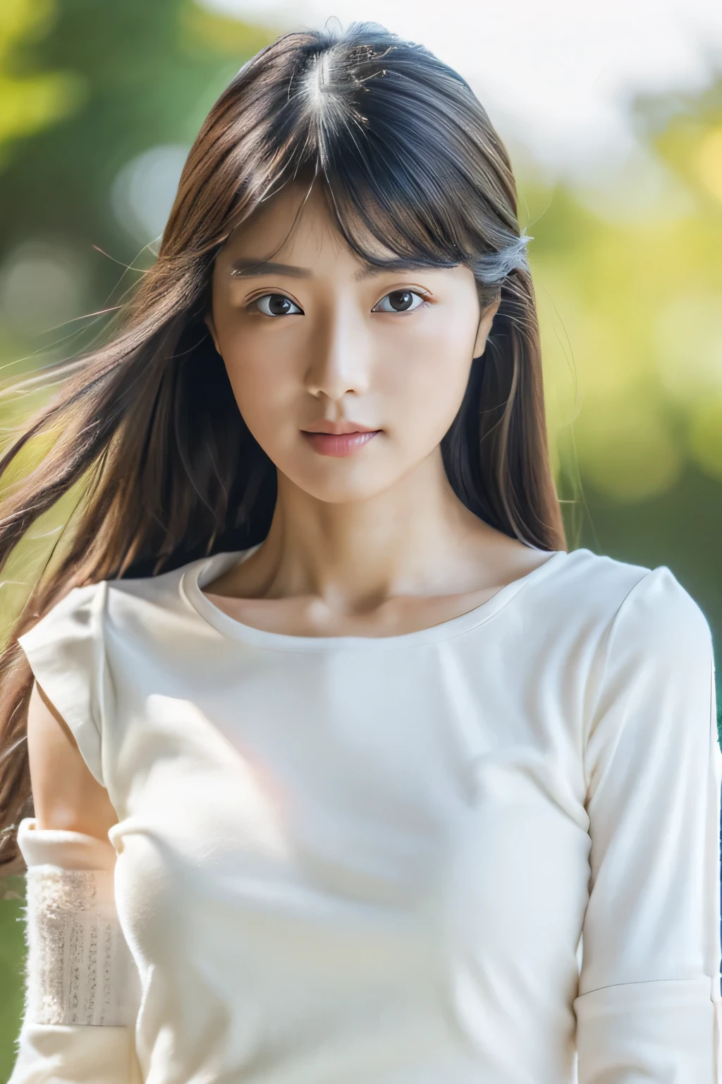 masterpiece, highest quality, Photoreal, Super detailed, finely, High resolution, 8k wallpaper, Professional, Advanced level of detail, 1 girl, thin japanese woman, ((facing the front)), detailed clavicle, perfect face, straight hair, (white crew neck、no sleeve:1.5)、pose for a full body shot
