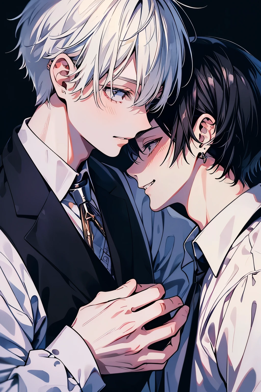 (muste piece), (best quality), very detailed, ((two men intimate)), perfect face, beautiful face, very detailed顔，(black haired man:1.3)，(white haired man:1.3)，suit，shirt，smile
