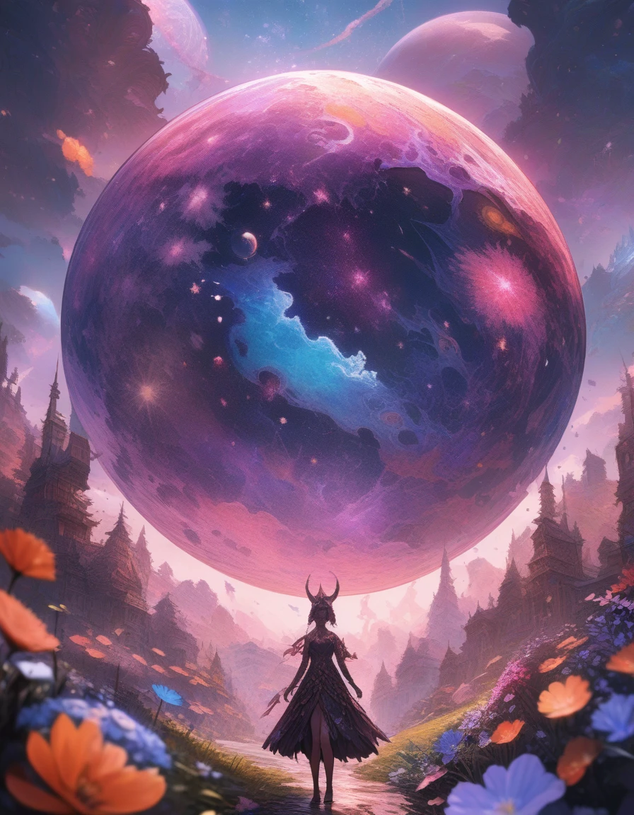 1girl, Aliens holding hands in a circle in a meadow of alien flowers, galaxies and planets in the sky, alien landscape, aesthetic, extremely detailed, masterpiece, best quality, very aesthetic, absurdres, detailed matte painting, deep color, fantastical, intricate detail, splash screen, complementary colors, fantasy concept art, 8k resolution trending on Artstation Unreal Engine 5