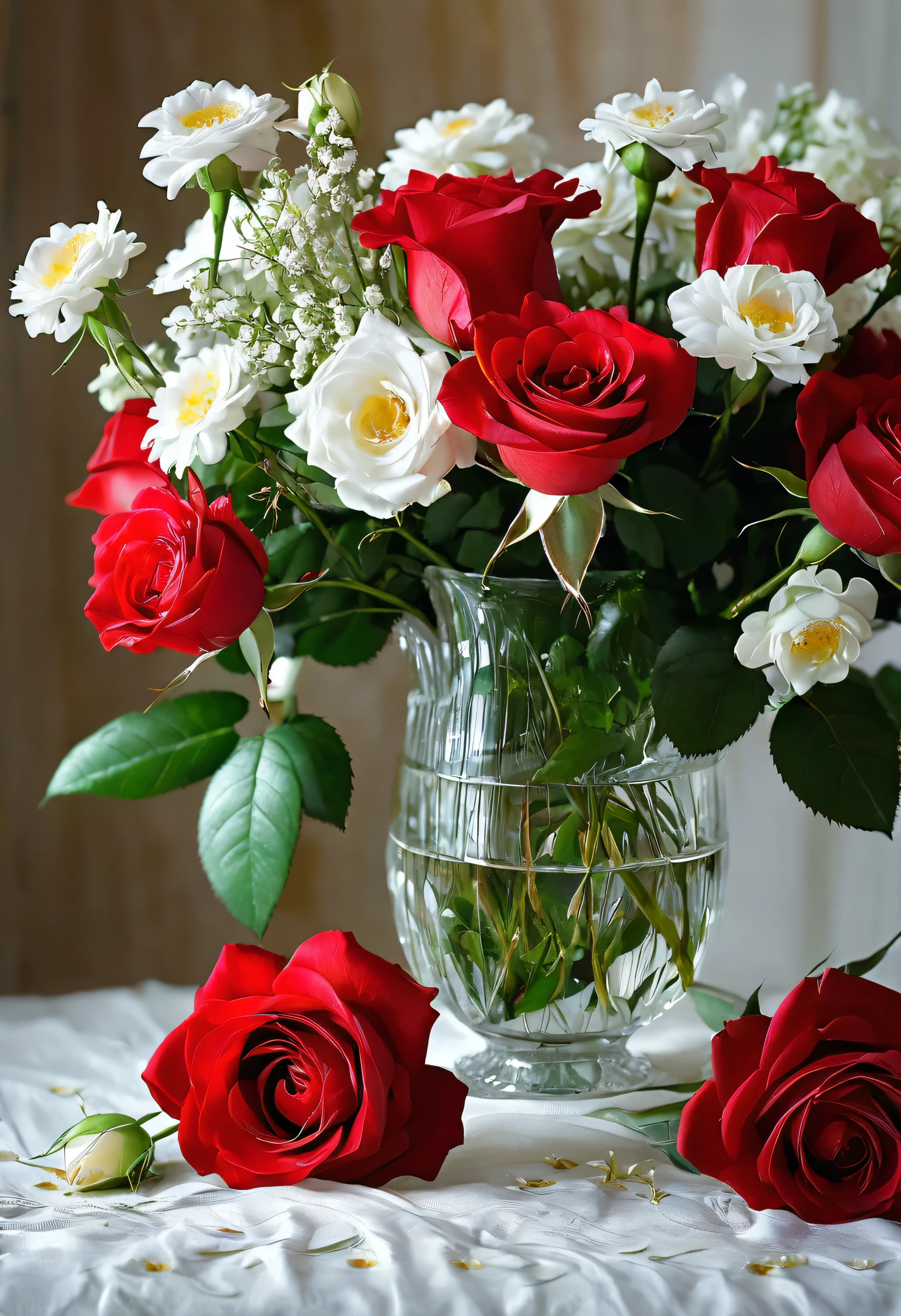 a close up of a vase of red roses and white flowers, a still life by Alexander Fedosav, deviantart, romanticism, bouquet, very romantic, exquisite detail, breathtaking quality, serene expression, very extremely beautiful, elegant harmony, very very elegant, elegant!!, stunning quality, glorious composition, close view, for a beautiful, red and white flowers