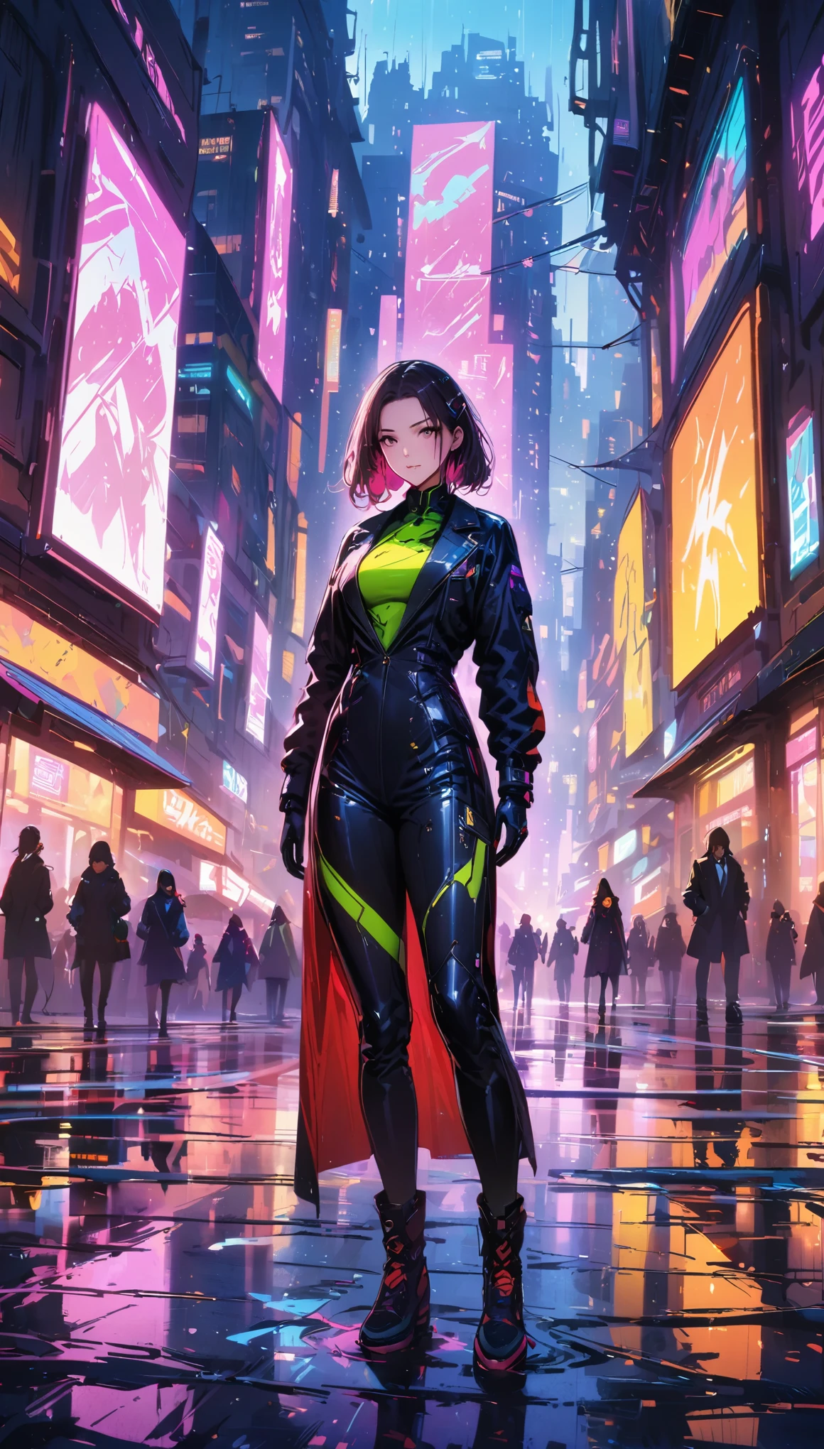 best quality,4k,highres,masterpiece:1.2,ultra-detailed,realistic:1.37,portraits,black action lady,black suit,leather gloves,sleek hair,confident pose,strong posture,in a futuristic city landscape,neon lights reflecting on wet pavement,dark and gritty atmosphere,dramatic shadows,cyberpunk style,vibrant colors,dynamic composition,sharp focus,hdr lighting