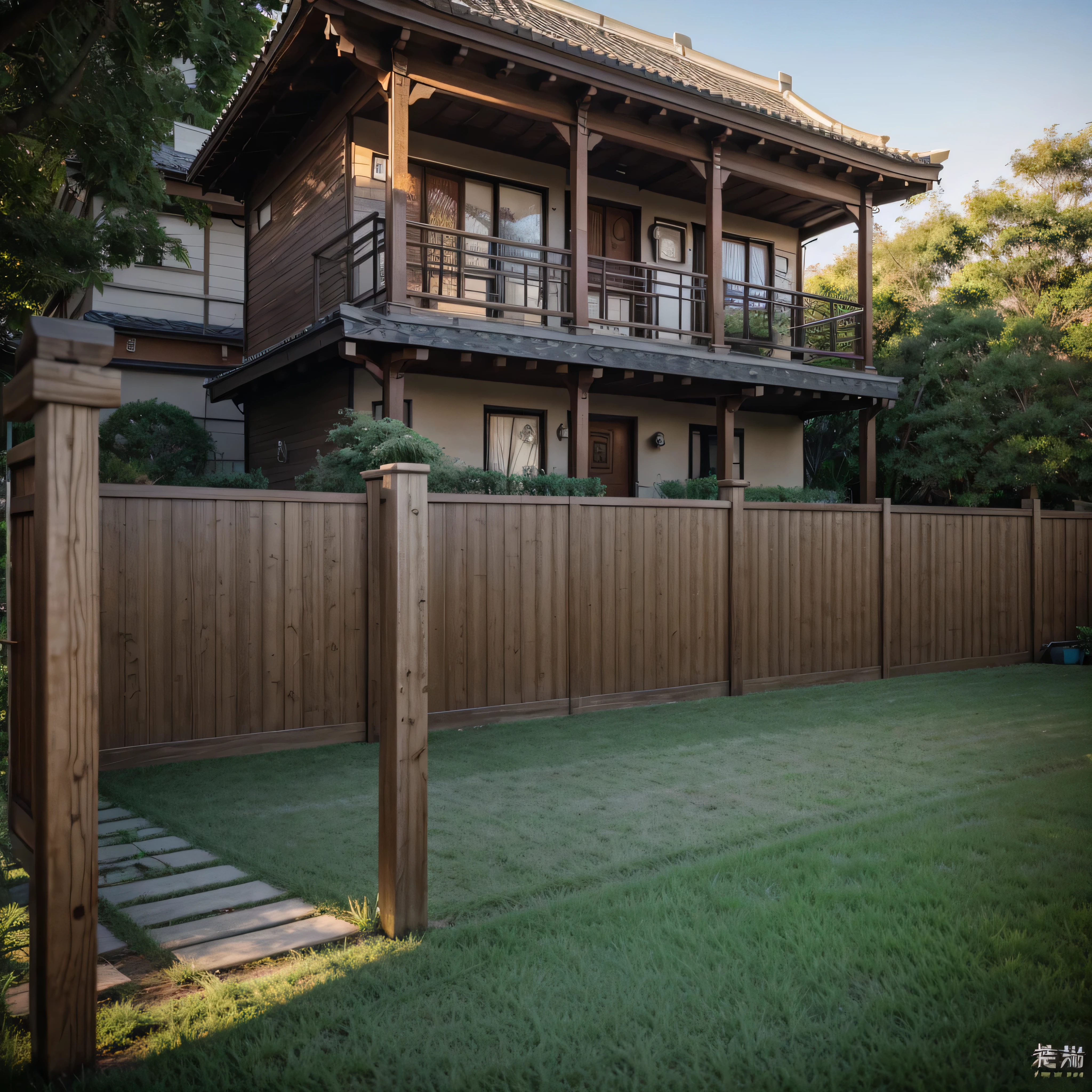 Realistic scene,There is a wooden fence,ultra clear scene,clear fence texture,fence,The background is a house, outdoor, from the side, outdoor, Realistic scene,Real shooting