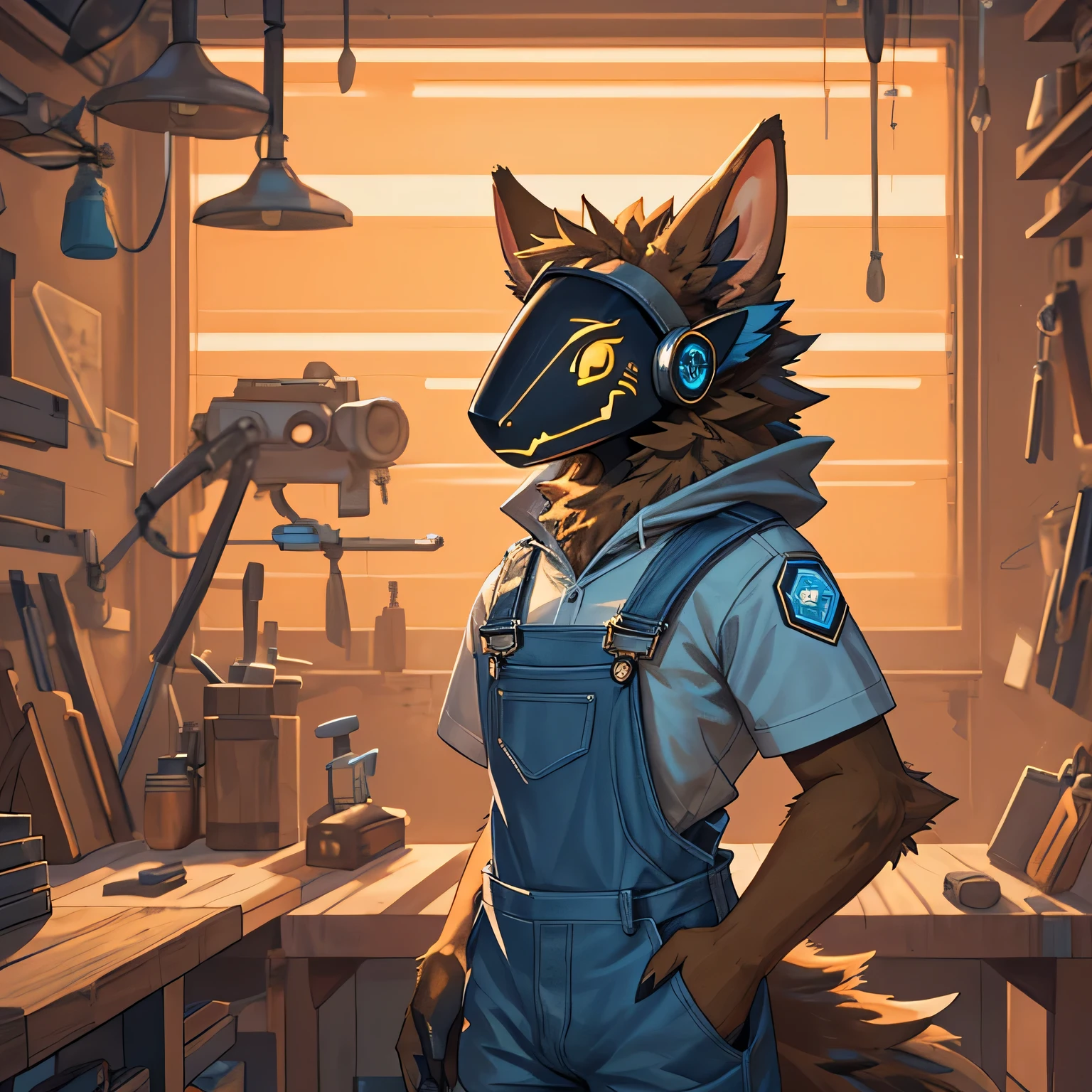 Protogen,brown fur,orange panels,blue overalls,thin,big ears,carpenter workshop background