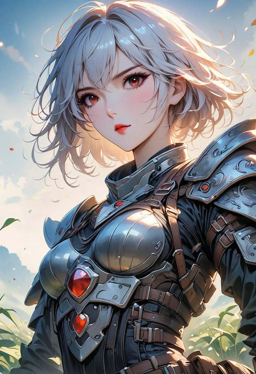 masterpiece , a girl, in a field, ( light white short hair:1.2), (Red eyes:1.2), (Clausard:1.2), (looking at the audience:1.2) , (8K, best quality 1.2), Super detailed, 8K uhd, soft light, high quality, film grain, beautiful lights, cinematic ,Perfect body , best lighting, best shadow, clarity, Compared, red glasses, messy hair, , Ridiculously high-detailed faces, steel armor, Great sword