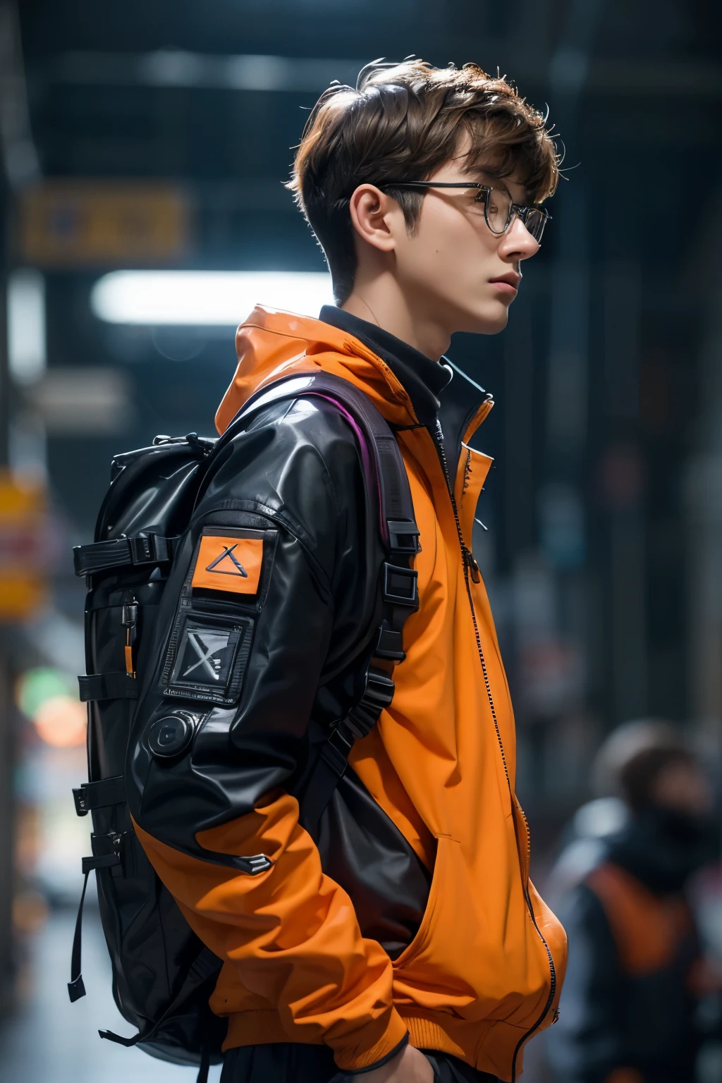 (front view:1.4), close-up portrait, (1boy:1.5), 20 year old with glasses, solo, orange spacesuit, bangs, brown(short hair:1.2), bag, blurry_background, purple neon light, backpack, zipper, urban techwear, outfit, cinematic