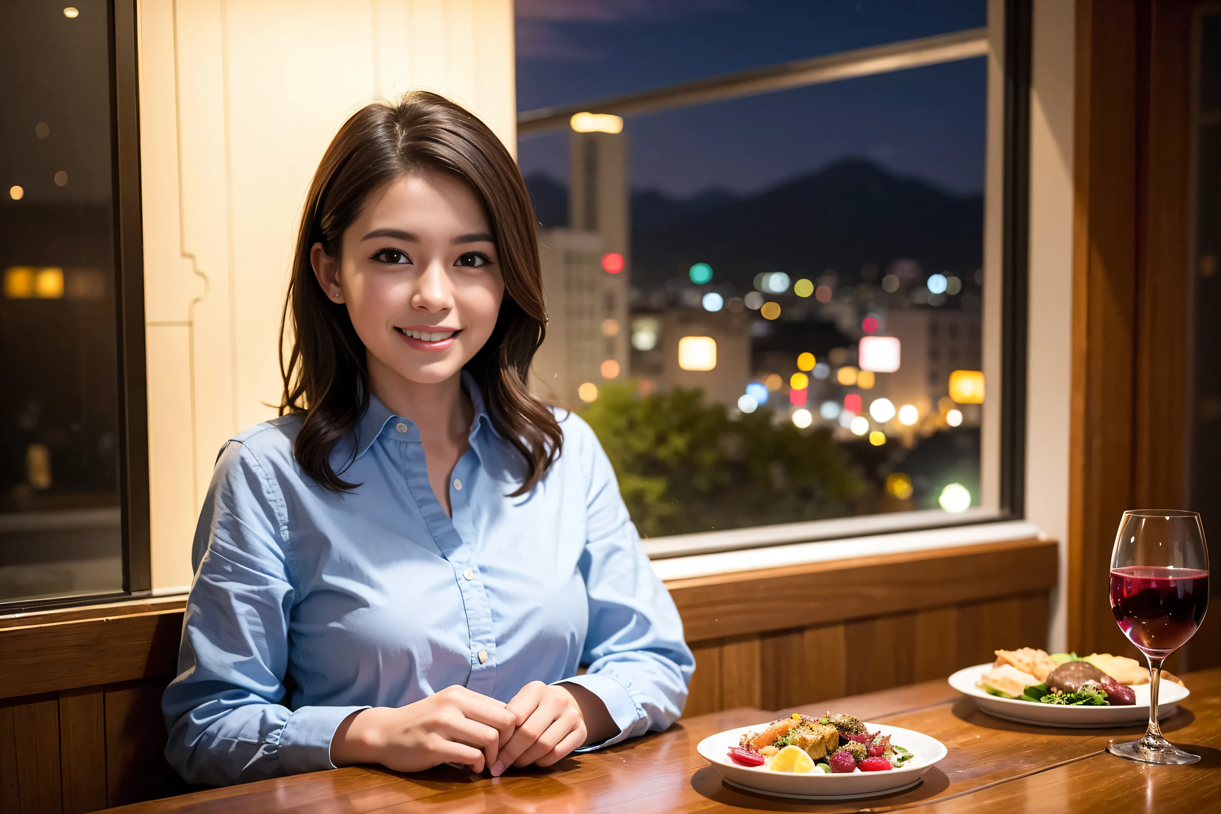 K, UHD, highest quality, masterpiece: 1.2), (realistic, photorealistic: 1.37), Spectacular view of the sunset sky and clouds、Amazing mountain views、A bright smile、3 slim beauties, (slim face),Happy、 the best smile、Fox face、Berry Short、(because I'thin), (brown hair), (shortcut), long sleeve shirt、winter fashion、Japanese、Dutch、German、Portuguese、Belgian、Italian、French,Champagne、SparKling wine、 (gush), (slim body), (brown hair), (shortcut), neat beauty、cheeKs blush a little, (41 years old), 38 years old, alone, A beautiful and detailed night view spreads out outside the window..., restaurant, wine glass is sitting, At night, in a prominent place (from the Upper body) nova frog style, actress, model, Upper body, White wine, slim, wine glass, very beautiful night view, wine glass Put in the Middle, Happy smile, (smile: 1.15),