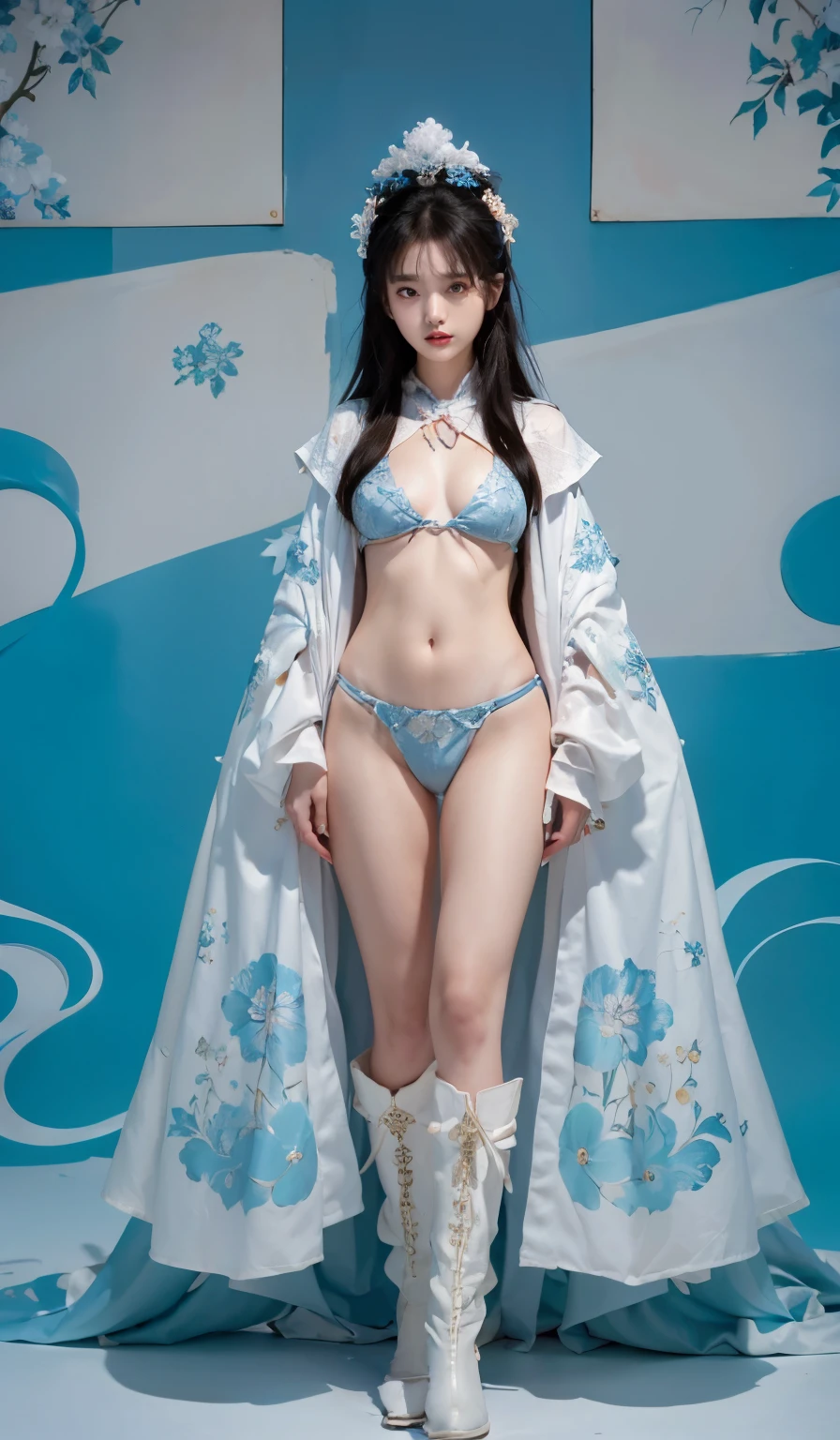 beautiful and delicate woman,The details of the eyes and face are very rich, exquisite eyes, super detailed, High resolution, The content is very detailed,best quality,EnLightenment,Unite,8k wallpaper,masterpiece,best quality,imagine,1 girl,China costume, Wear sexy blue bikini armor,metal style, Super big breasts, big breasts, high-cut underwear, 盔甲有圖案metal style的, Big blue priest cloak,priest hat,standing posture,long legs,Put on powder blue and white boots,look at the audience,Face the audience,flowing long hair,Surreal 8000g,Impeccable,masterpiece,professional artwork,famous artwork,Light,movie bloom,perfect face,pretty face,fantasy,Dreamy and magical,not real,intricate details,Exquisite pattern…Korean woman’s face