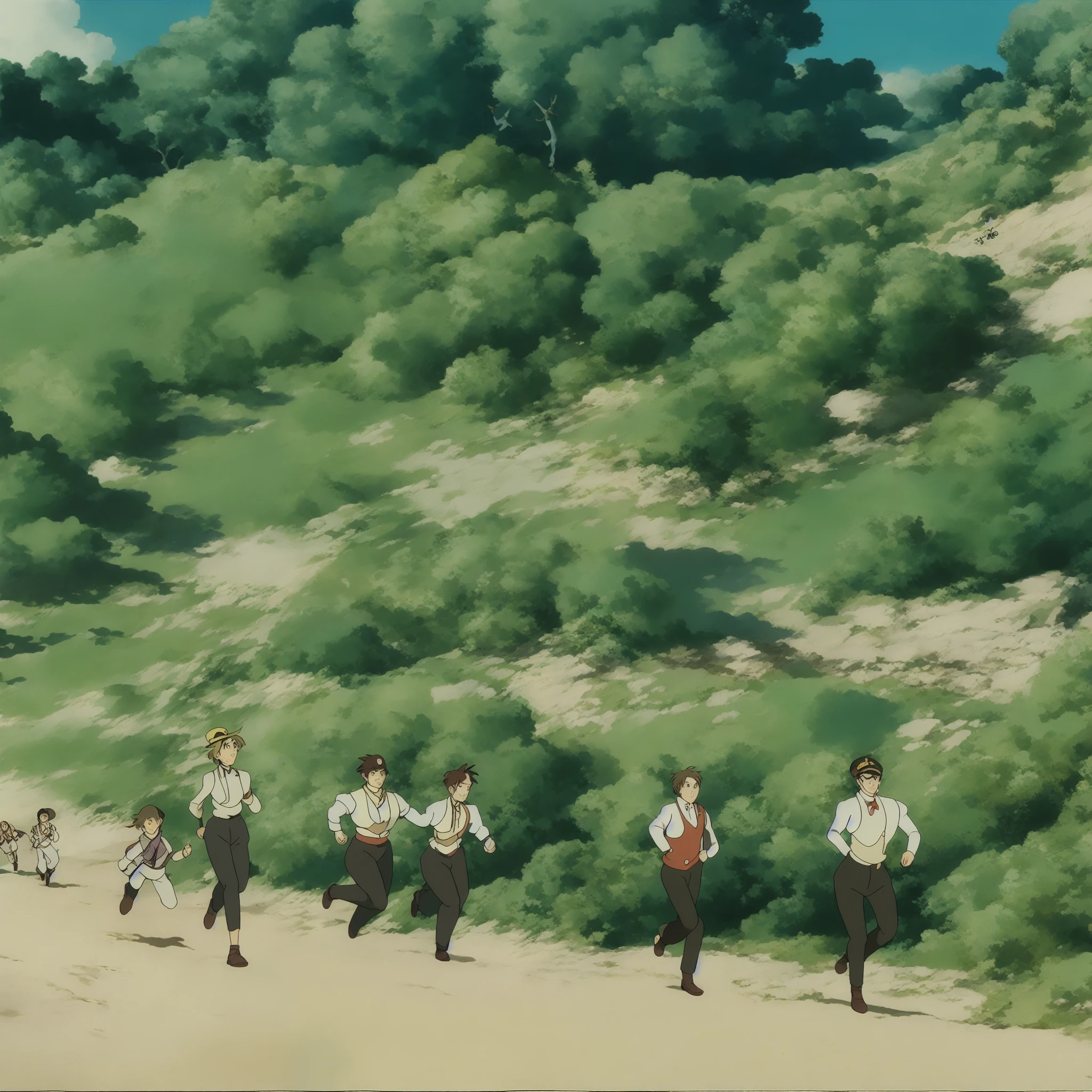 boy in studio_ghibli_anime_style style, sleeveless dress, cosplay woman's wear, running