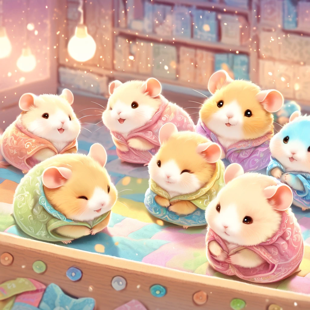 cuteAn illustration,hamsterの幼稚園,hamsterの親子:animal:cute:Snuggle up close:sleep:comfortable and warm:looks happy,An illustration,pop,colorfulに,color,dim,lamp light,hamsterの親子が眠っています:dream happy dreams,The room is warm and full of happiness,,colorful,fancy,fantasy,patchwork:quilt,Detailed details,fluffy,randolph caldecott style,hamster,最高にcutehamster,fluffyhamster,豊富なcolor,Cast colorful spells,concentrated,best configuration,perfect composition,accent,子供が喜ぶAn illustration,For kids,feel warm,wonderful like a dream,幸せで楽しそうなhamster,Children's toys,dance,children&#39;s room,Little,Cast colorful spells,Sparkling