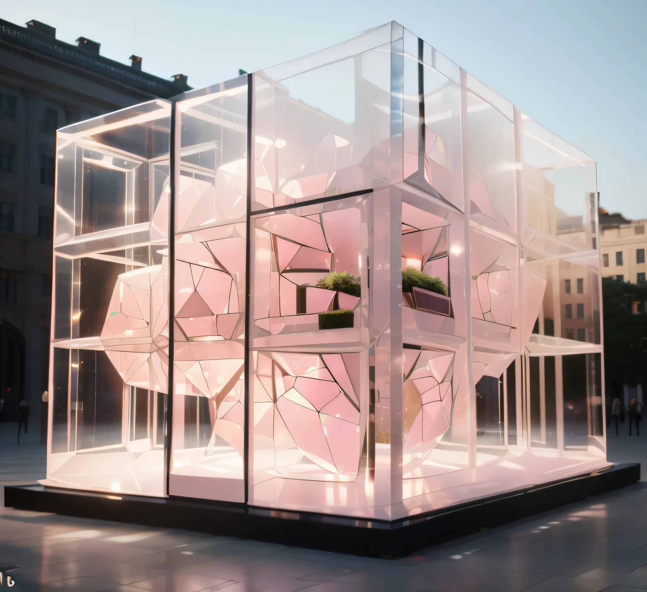There is a large white box，There is a pink umbrella inside, outdoor Art installations, translucent cube, light up. 'the cube', Art installations, inside the glass box, Soft butterfly light, Installation art, Large translucent art statue, high qualight upy architectural art, Hypercube, Made of clear plastic, Environmental Art, conceptual installation, stereofuturism