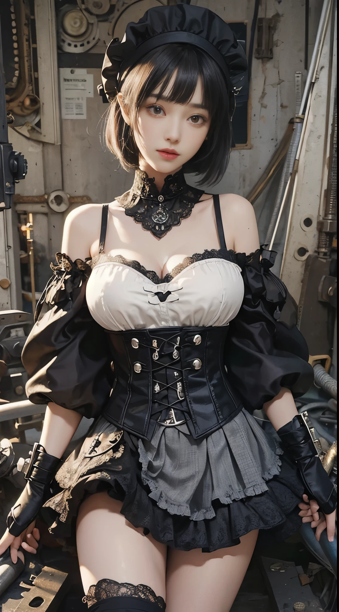 (((masterpiece, highest quality, Super detailed))), 1 female, (((very thin body))) , (((length, thin legs))), (((black short bob, thick fluffy bangs ))), (((highly detailed face))), No cosmetics, small and thin nose, thin mouth with small lips, (((Very sharp focused eyes))), Precise pale gray eyes with large slits, shine like a jewel, length eyelashes, ((Highly decorative intricate mechanical steampunk fashion, Lace Flare Mini Skirt, above the knee lace stockings, Lace Off Shoulder ta Fashion, Overly decorative fashion)), Abandoned Night, Complex mechanized steampunk factory catches fire and explodes, (((Overall accuracy has been dramatically improved, creating a Super detailed and realistic image))),  super realistic photos, (((steampunk gun)))