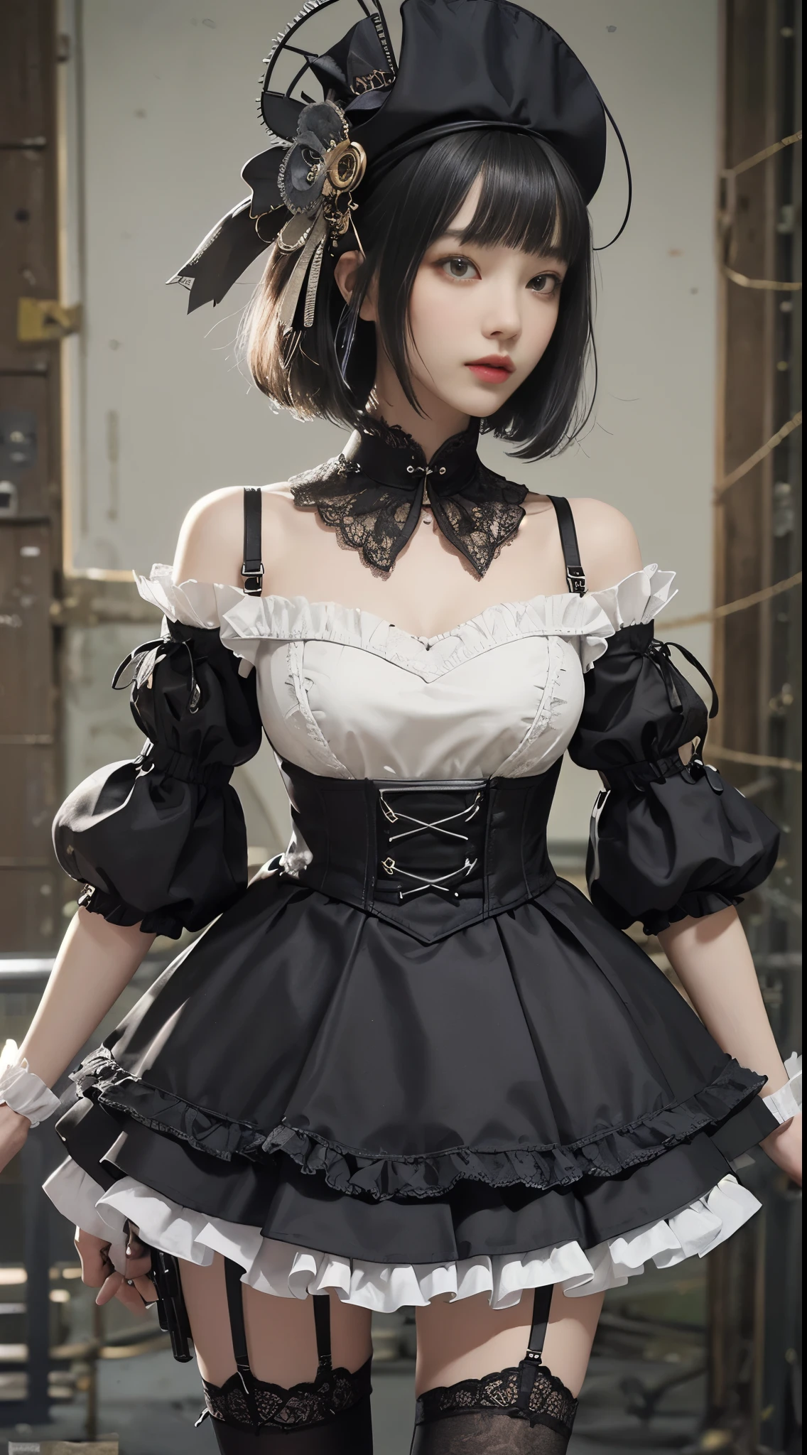 (((masterpiece, highest quality, Super detailed))), 1 female, (((very thin body))) , (((length, thin legs))), (((black short bob, thick fluffy bangs ))), (((highly detailed face))), No cosmetics, small and thin nose, thin mouth with small lips, (((Very sharp focused eyes))), Precise pale gray eyes with large slits, shine like a jewel, length eyelashes, ((Highly decorative intricate mechanical steampunk fashion, Lace Flare Mini Skirt, above the knee lace stockings, Lace Off Shoulder Lolita Fashion, Overly decorative fashion)), Abandoned Night, Complex mechanized steampunk factory catches fire and explodes, (((Overall accuracy has been dramatically improved, creating a Super detailed and realistic image))), super realistic photos, (((steampunk gun)))