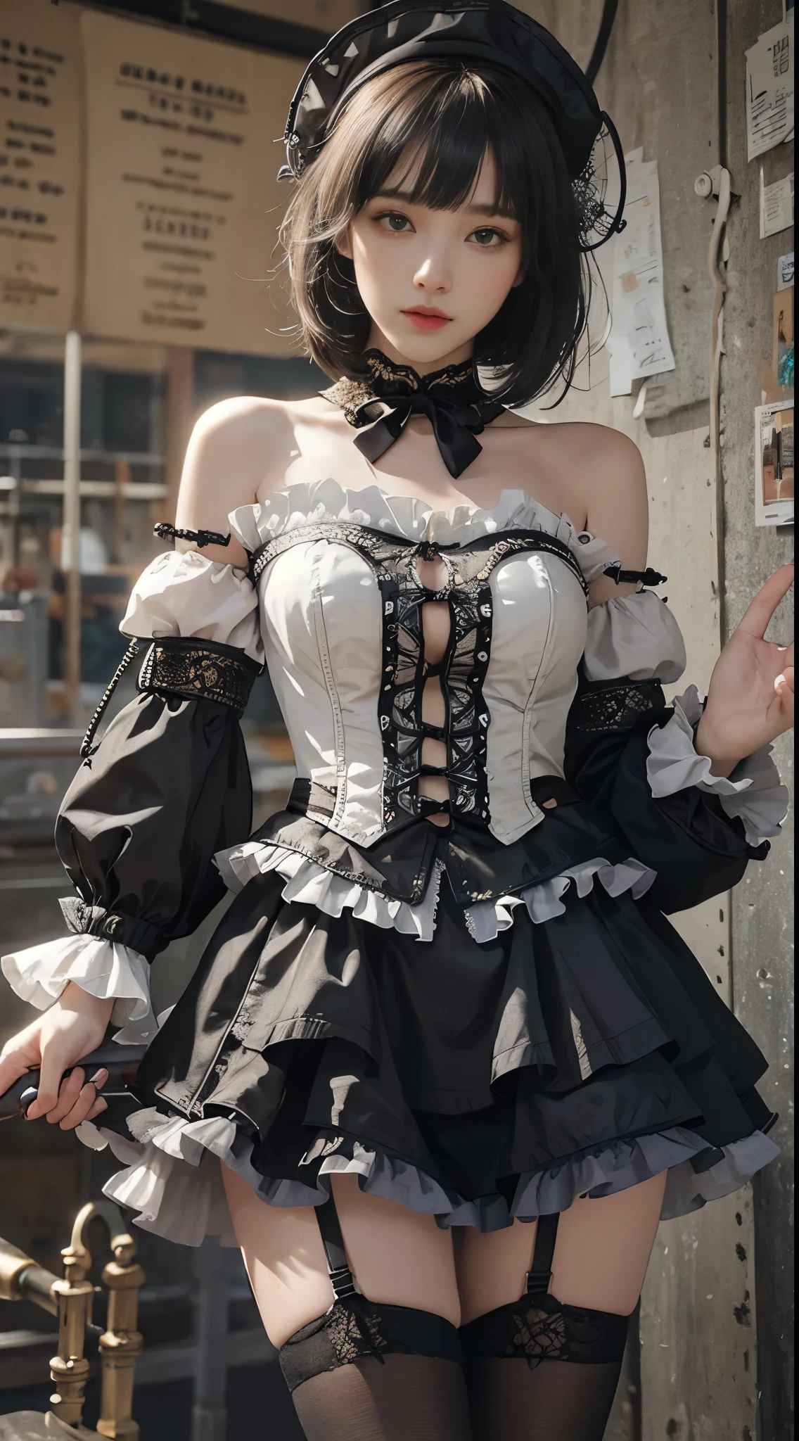 (((masterpiece, highest quality, Super detailed))), 1 female, (((very thin body))) , (((length, thin legs))), (((black short bob, thick fluffy bangs ))), (((highly detailed face))), No cosmetics, small and thin nose, thin mouth with small lips, (((Very sharp focused eyes))), Precise pale gray eyes with large slits, shine like a jewel, length eyelashes, ((Highly decorative intricate mechanical steampunk fashion, Lace Flare Mini Skirt, above the knee lace stockings, Lace Off Shoulder Lolita Fashion, Overly decorative fashion)), Abandoned Night, Complex mechanized steampunk factory catches fire and explodes, (((Overall accuracy has been dramatically improved, creating a Super detailed and realistic image))),  super realistic photos, (((steampunk gun)))